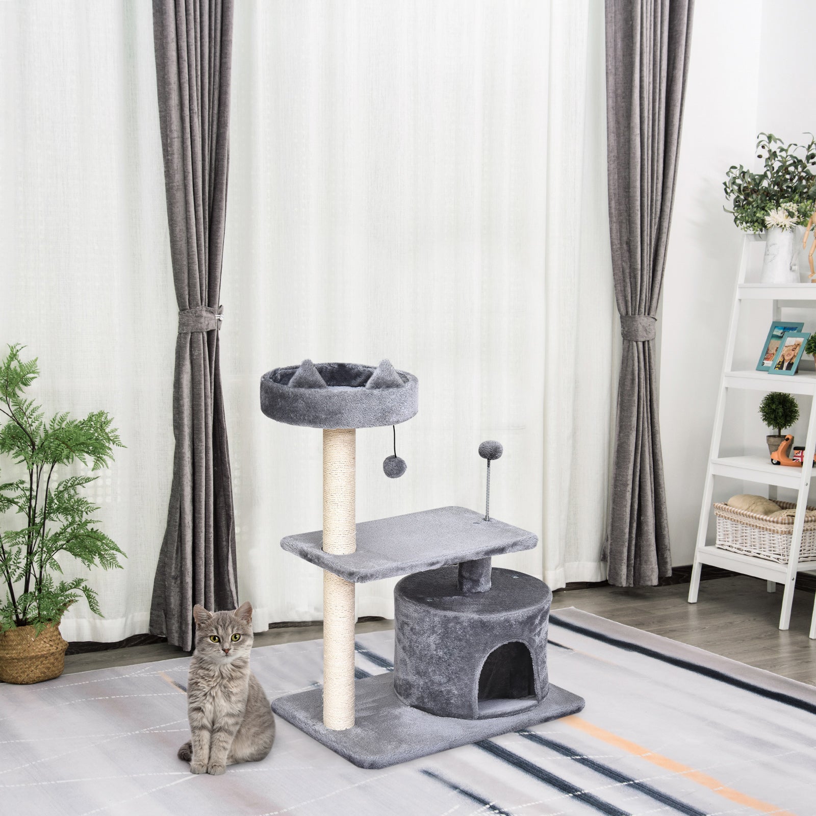 PawHut 3-Tier Cat Scratching Post with Sisal Rope & Play Toys, Durable Activity Centre for Cats, Grey