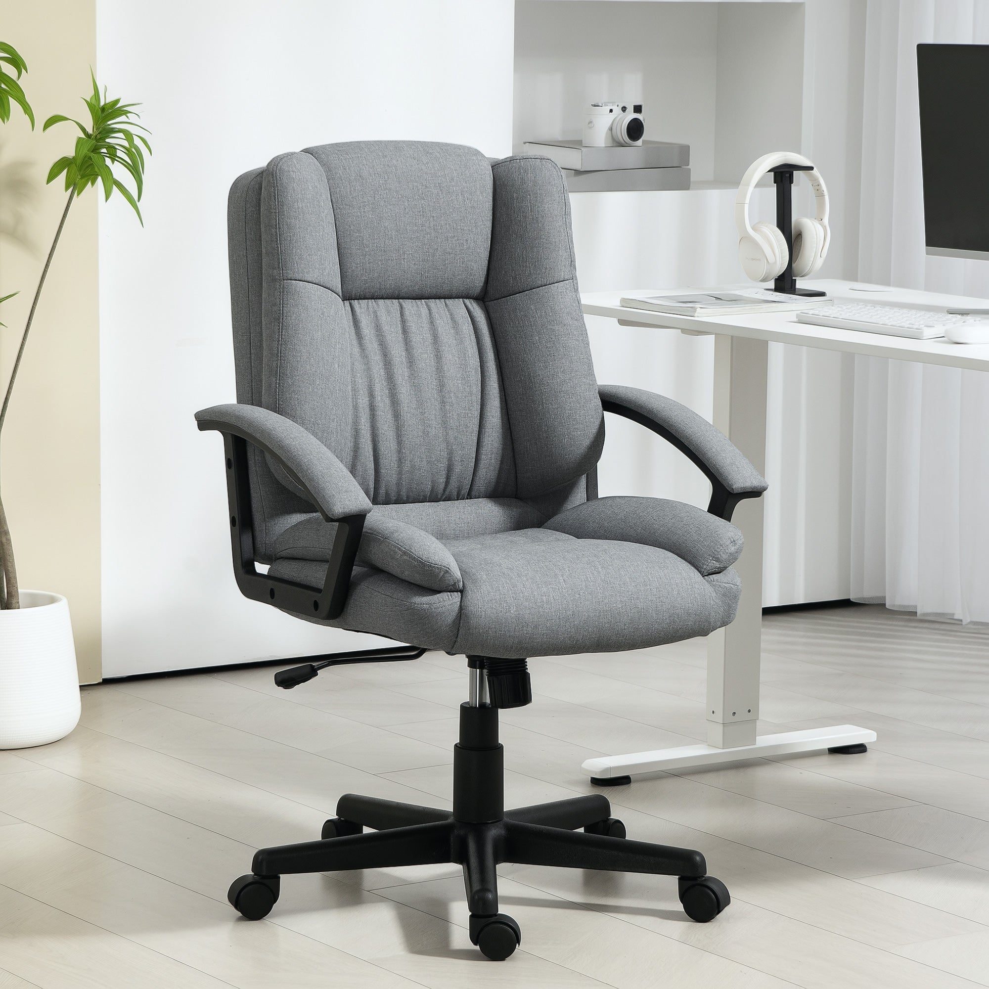 HOMCOM Linen-Look Padded Office Chair - Grey - North Peak Garden Furniture