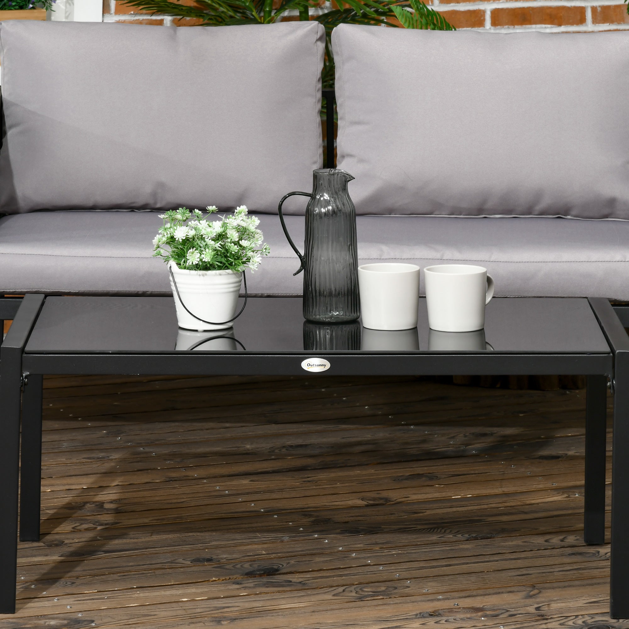 Outsunny 4 Piece Metal Garden Furniture Set with Tempered Glass Coffee Table, Texteline Pocket, Outdoor Patio Set Loveseat Single Armchairs with Padded Cushions, Light Grey - North Peak Garden Furniture