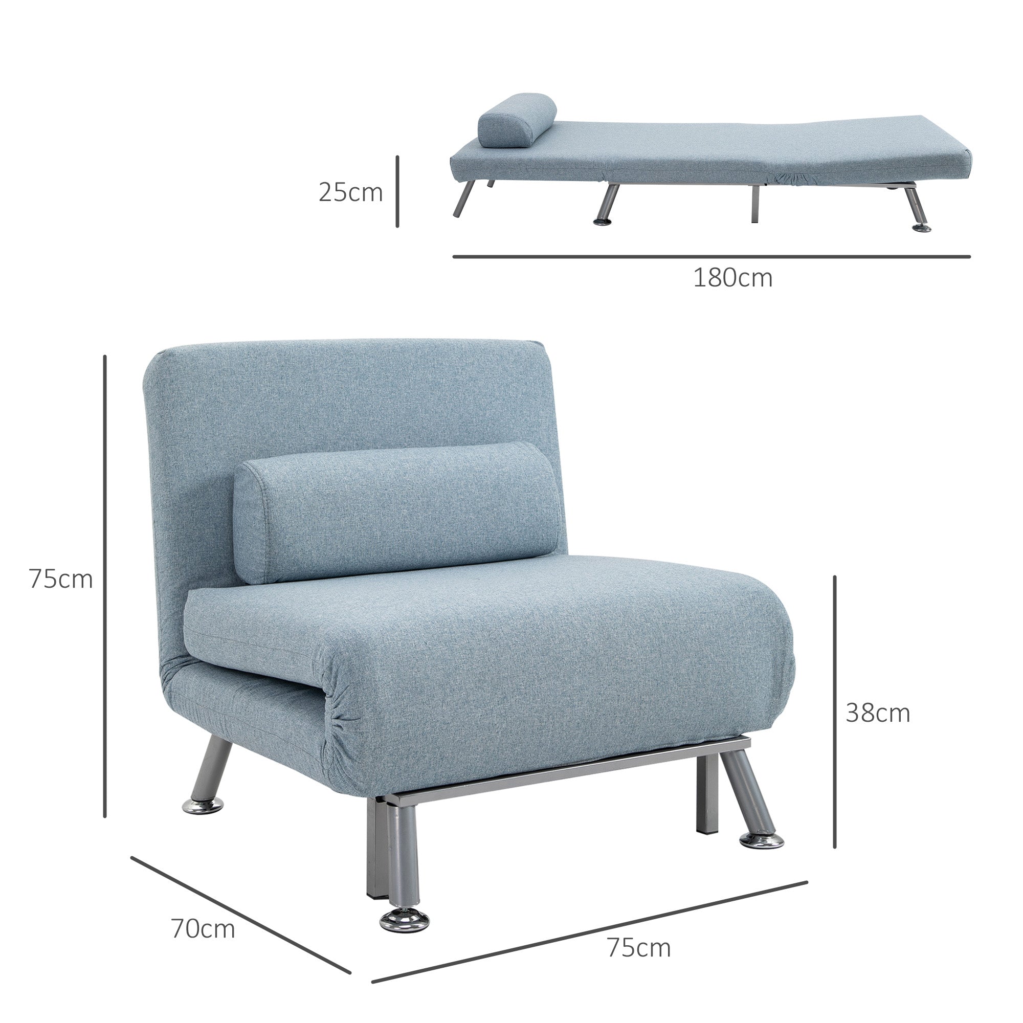 HOMCOM Single Sofa Bed, Chair Bed, 3-in-1 Convertible Sleeper Chair with Adjustable Backrest, Pillow, for Living Room, Bedroom, Sky Blue - North Peak Garden Furniture
