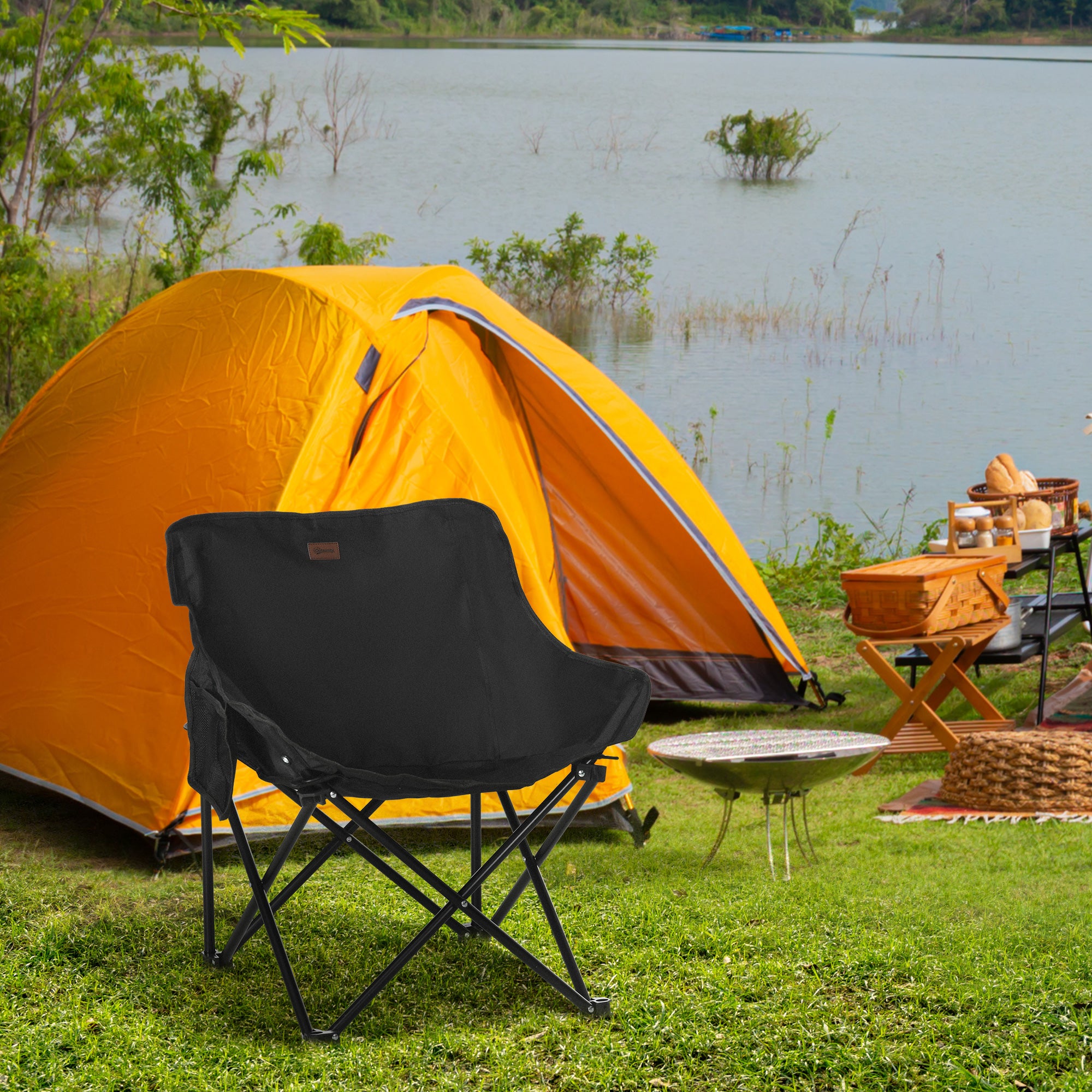 Outsunny Camping Chair, Lightweight Folding Chair with Carrying Bag and Storage Pocket, Perfect for Festivals, Fishing, Beach and Hiking, Black - North Peak Garden Furniture