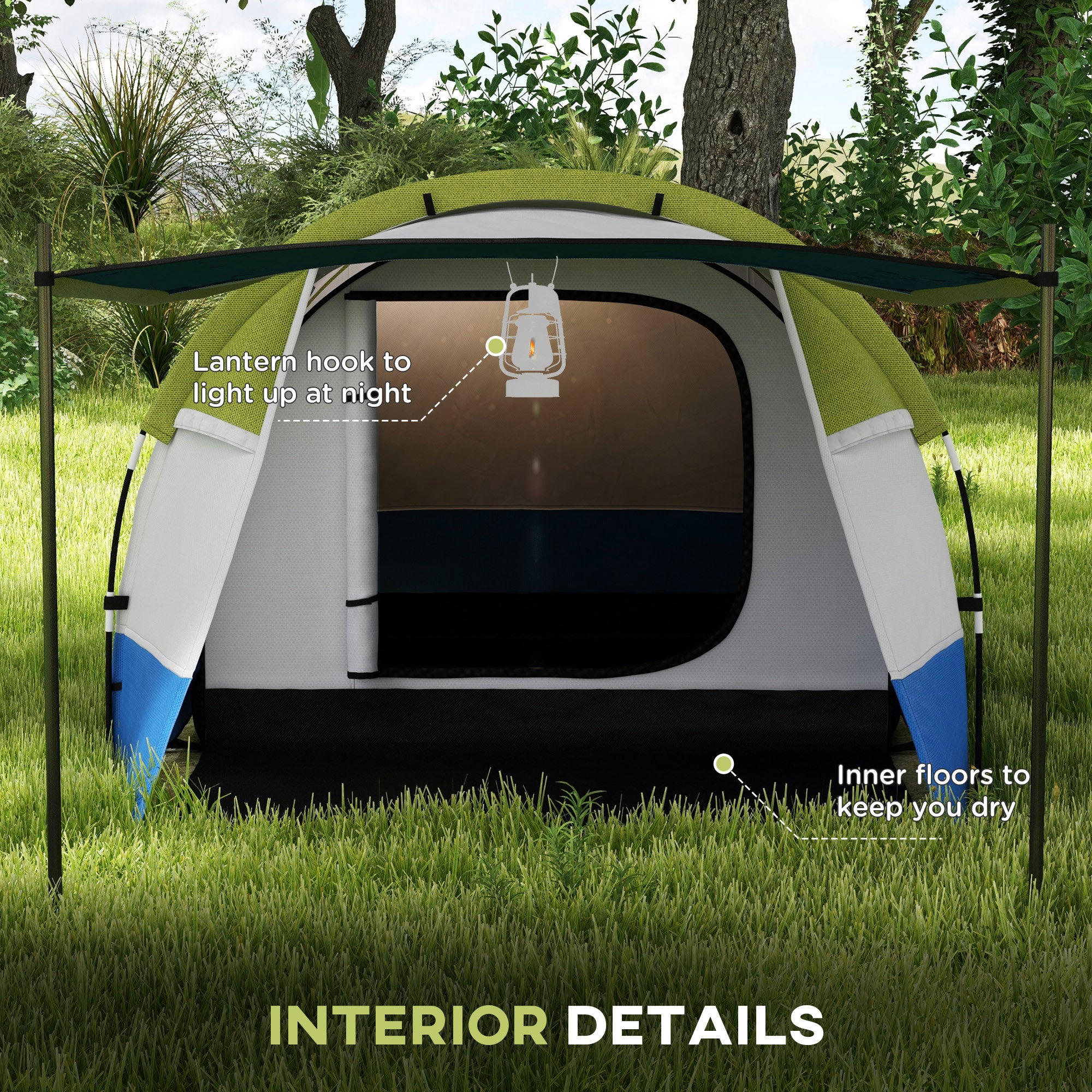 Outsunny Three Man Two-Room Tent, with Porch and Accessories - Green - North Peak Garden Furniture