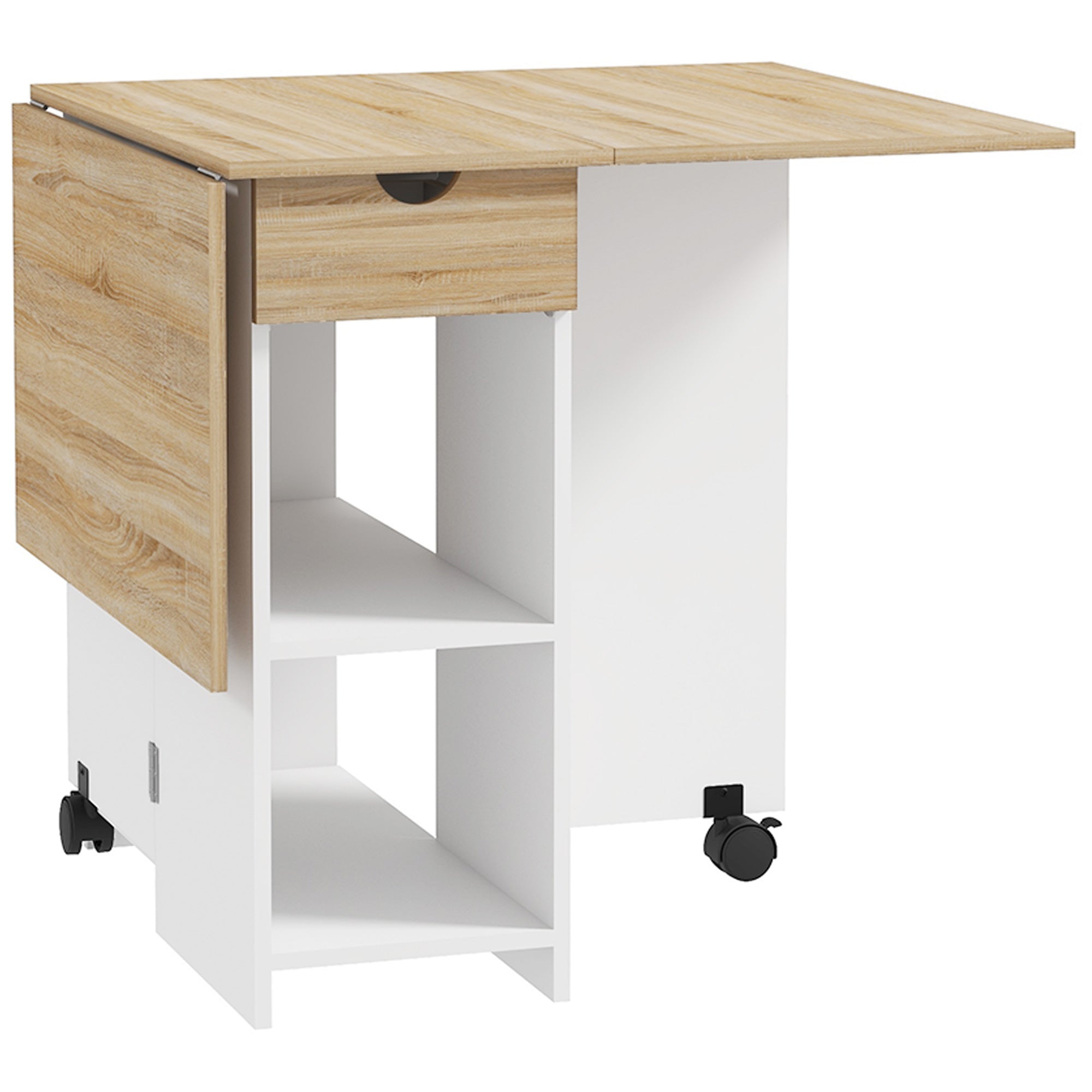 HOMCOM Folding Dining Table, Drop Leaf Table for Small Spaces, Foldable Table with Drawer and Storage Shelves for Kitchen, Dining Room, Oak - North Peak Garden Furniture