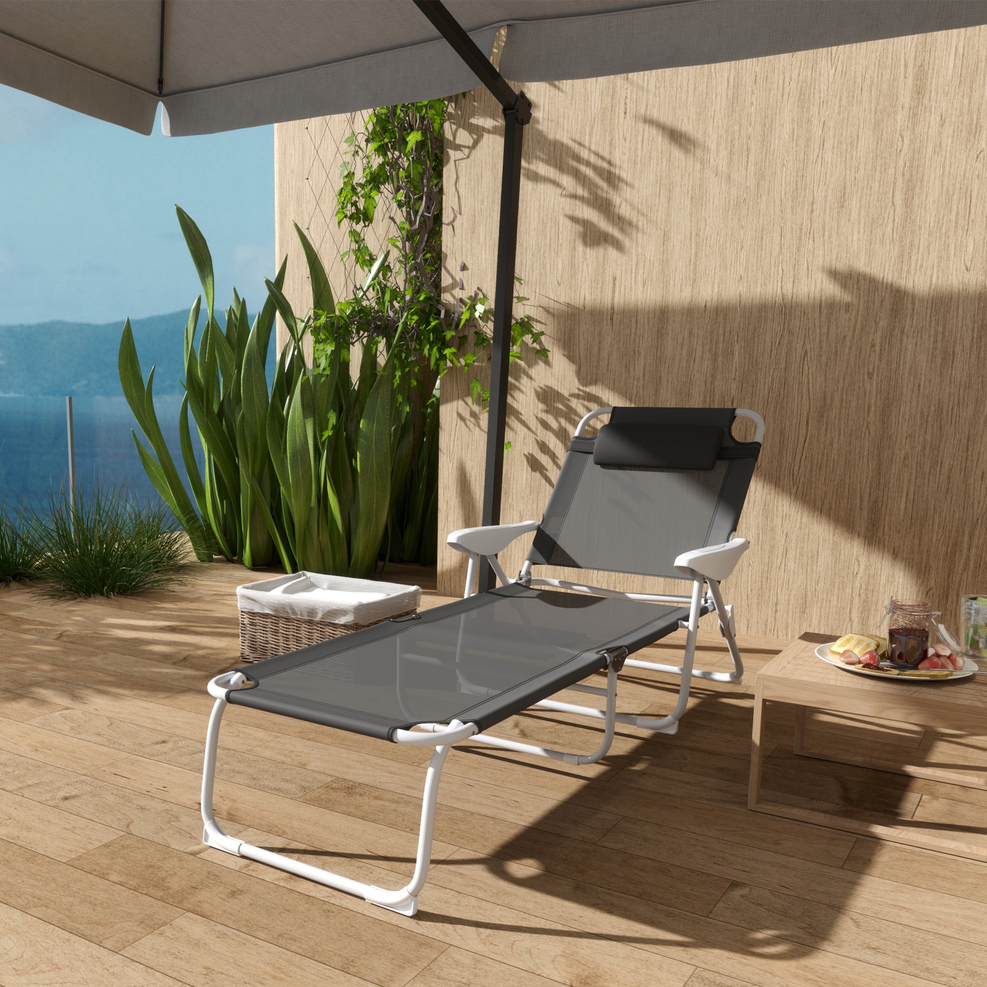 Outsunny Foldable Lounge Chair with 4-Level Adjustable Backrest & Headrest - Charcoal Grey - North Peak Garden Furniture