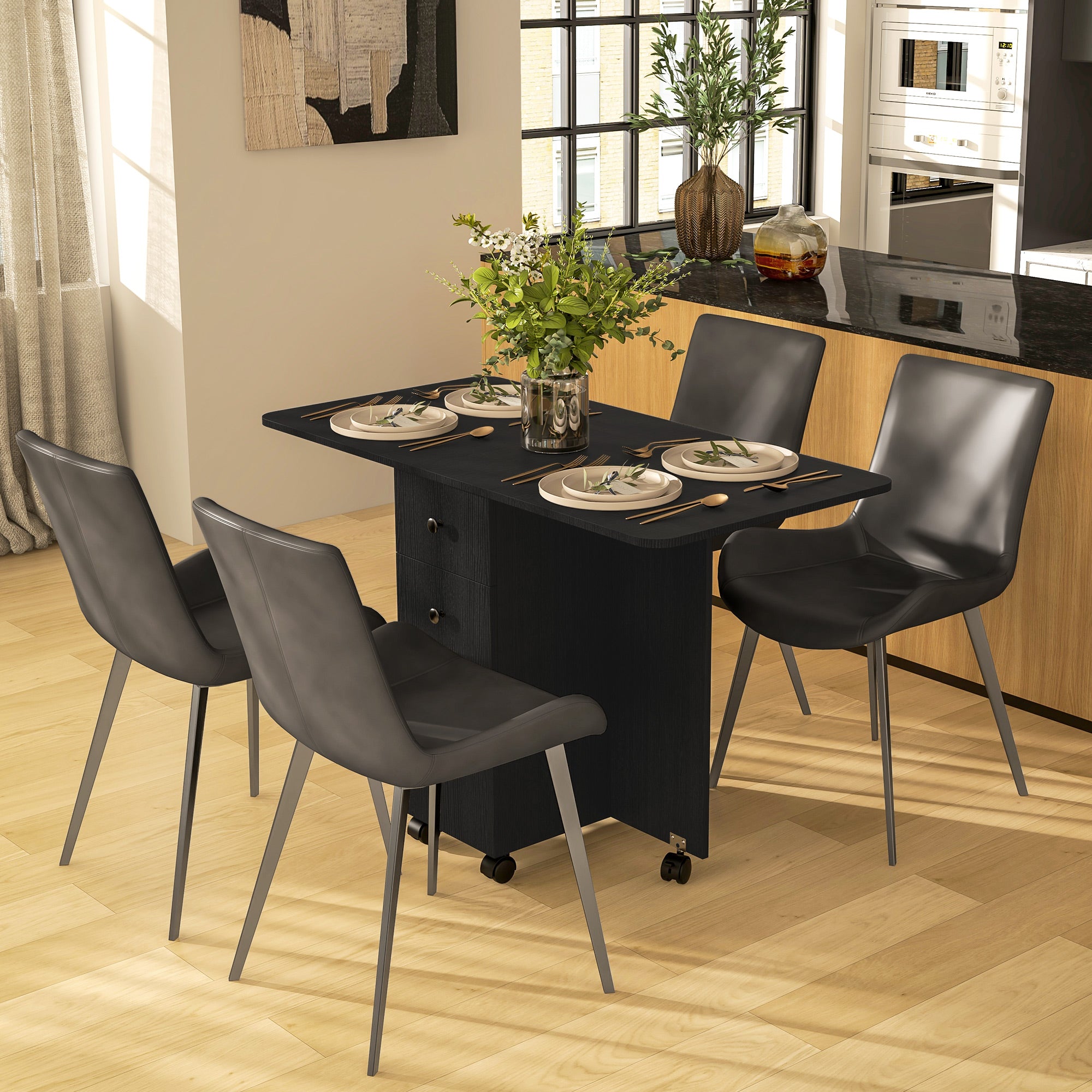 HOMCOM Multi-Storage Six-Person Drop Leaf Dining Table - Distressed Black - North Peak Garden Furniture