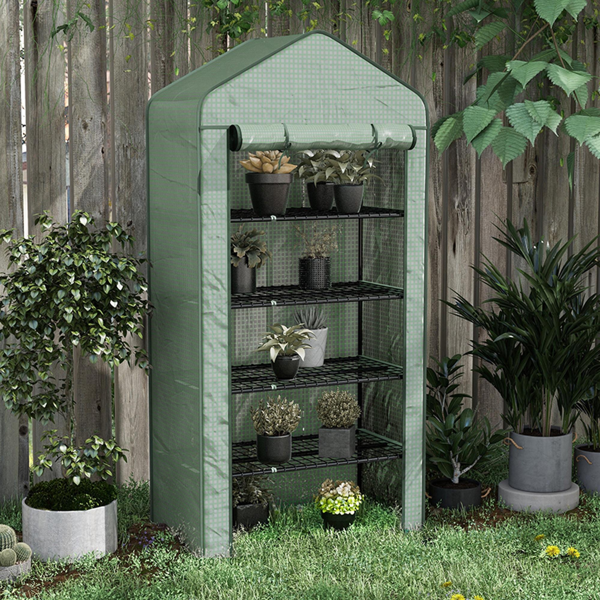 Outsunny 5 Tier Widened Mini Greenhouse with Reinforced PE Cover, Portable Indoor Outdoor Green House with Roll-up Door and Wire Shelves, 193H x 90W x 49Dcm, Green - North Peak Garden Furniture