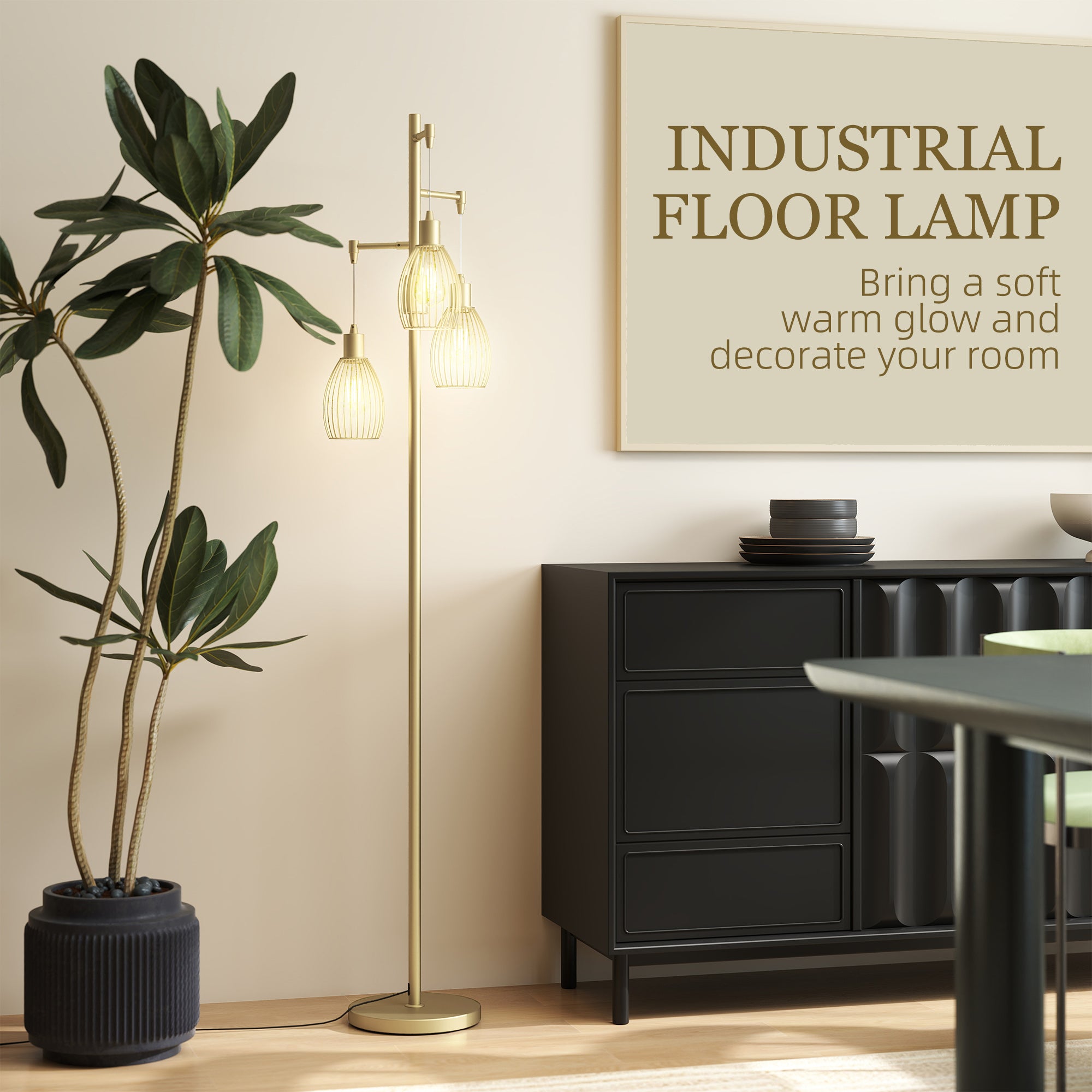 HOMCOM 170cm Industrial 3-Light Floor Lamp, Dimmable Standing Lamp with Steel Lampshades for Living Room, Bedroom, Dinging Room, Study, Gold Tone