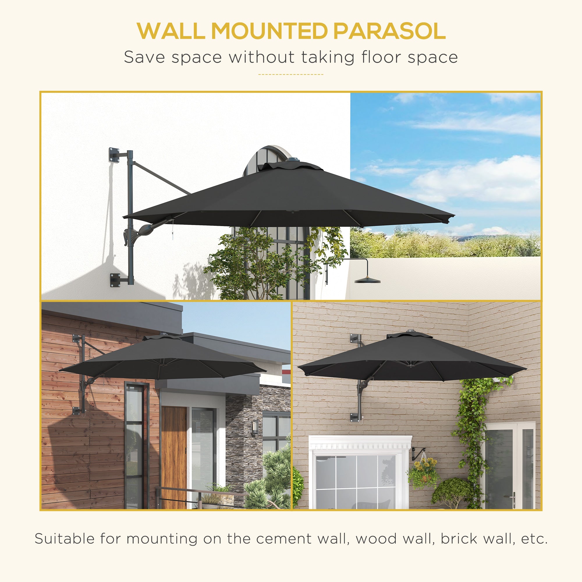 Outsunny 3m Wall-Mounted Parasol Shade, with Handle - Grey - North Peak Garden Furniture