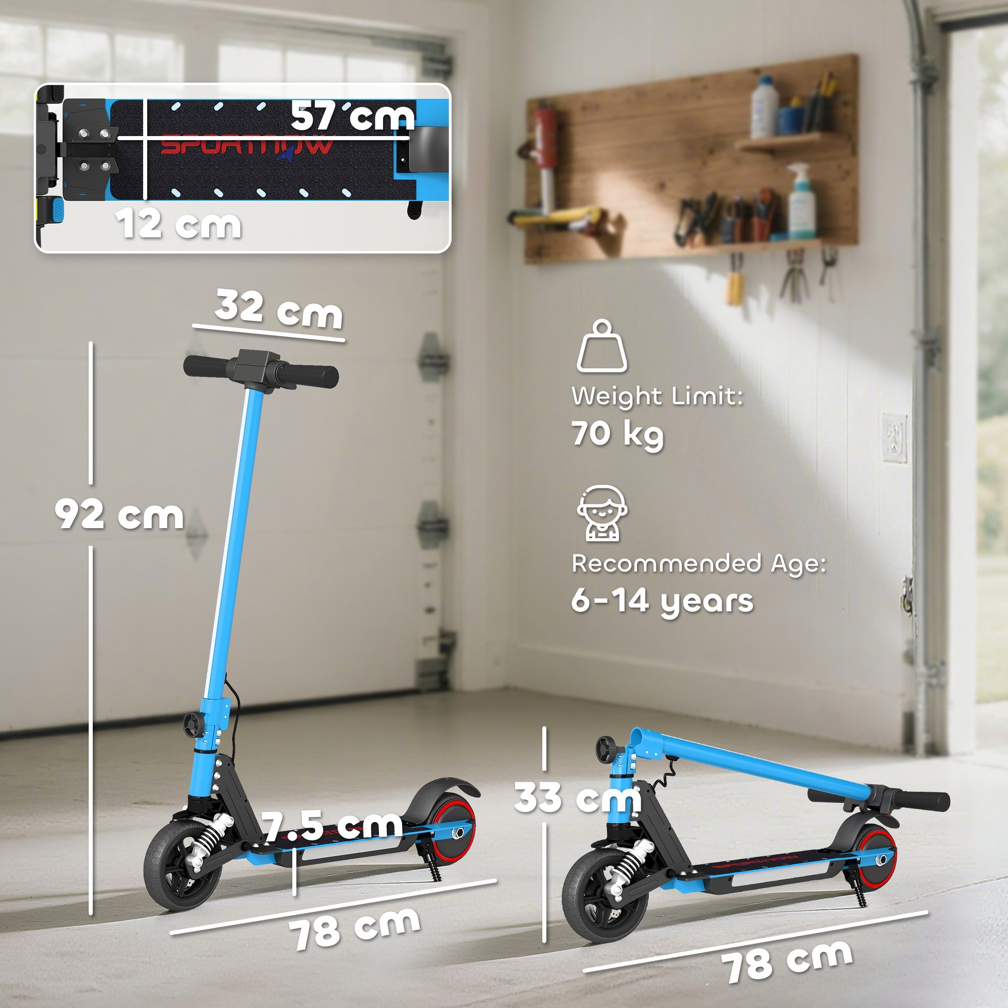 SPORTNOW Folding Electric Scooter for Kids Age 6-14 with Dual Brakes, Front Suspension, LED Colourful Lights and Display, 6.8kg Lightweight Aluminium E Scooter, Up to 14 KM/H & 6 KM, Blue