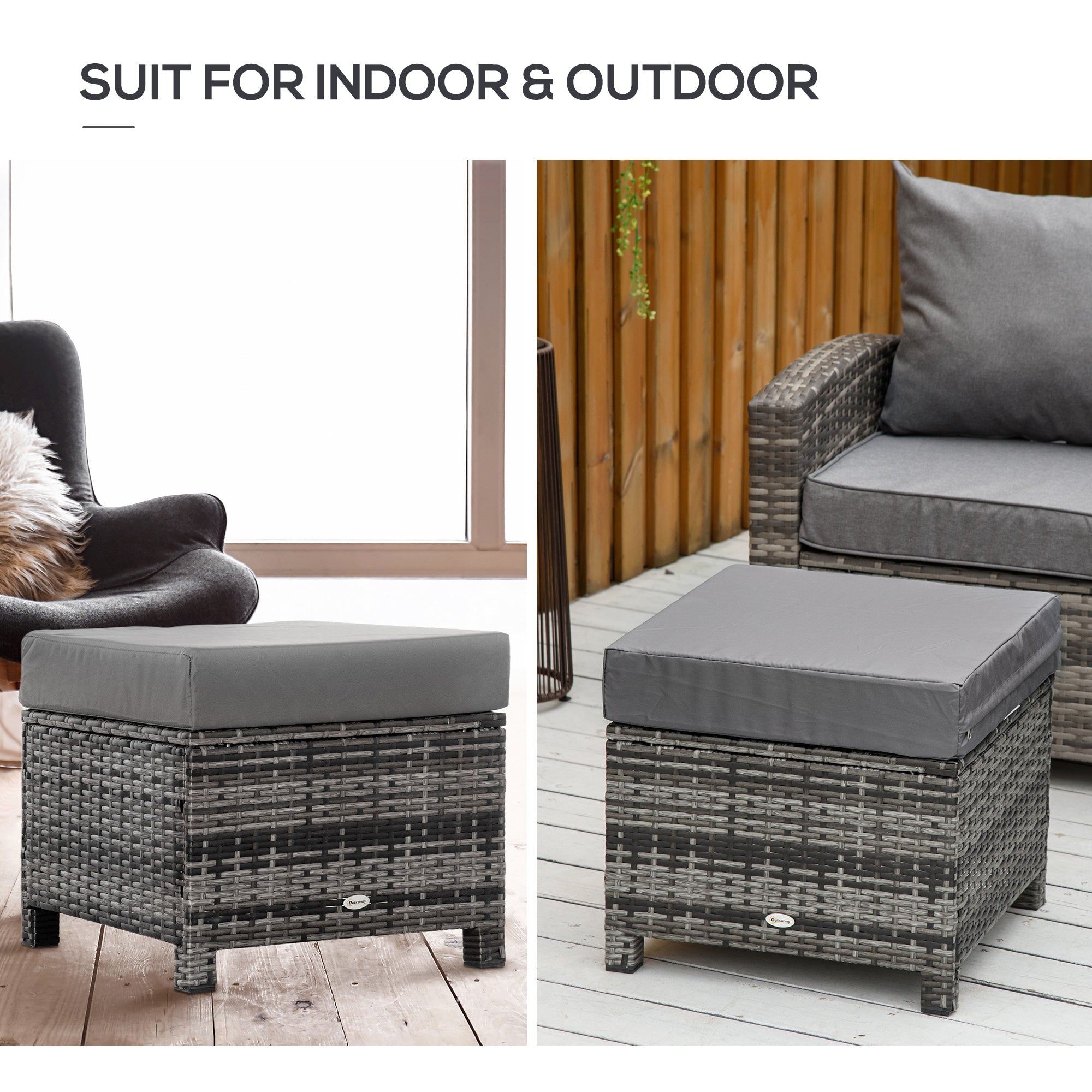 Outsunny Rattan Footstool Wicker Ottoman with Padded Seat Cushion Outdoor Patio Furniture for Garden Poolside Living Room, 50 x 50 x 35 cm, Grey - North Peak Garden Furniture