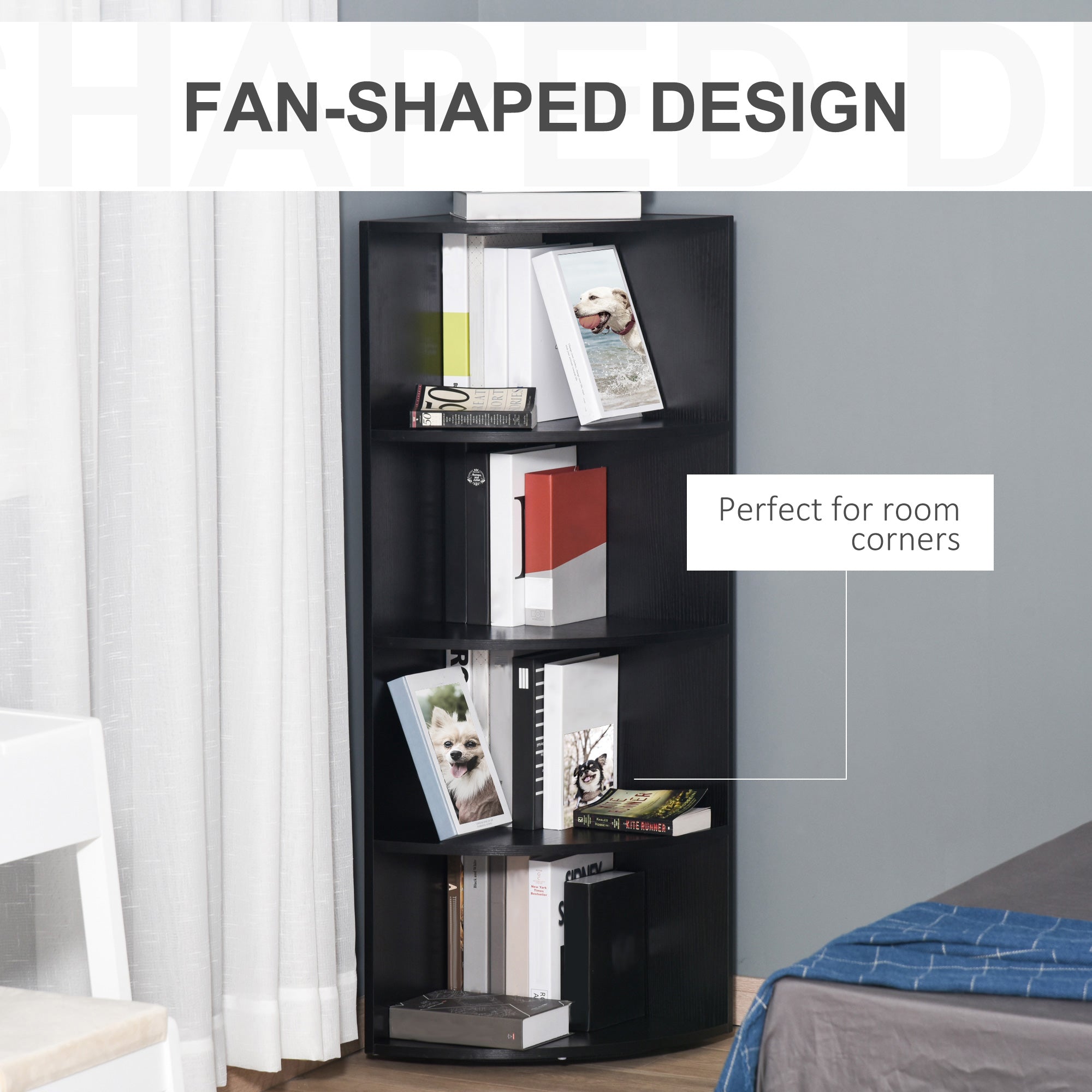HOMCOM 4-Tier Corner Open Shelf Bookcase Freestanding Fan Bookshelf Plants Stand, 40x40x120cm, Black - North Peak Garden Furniture