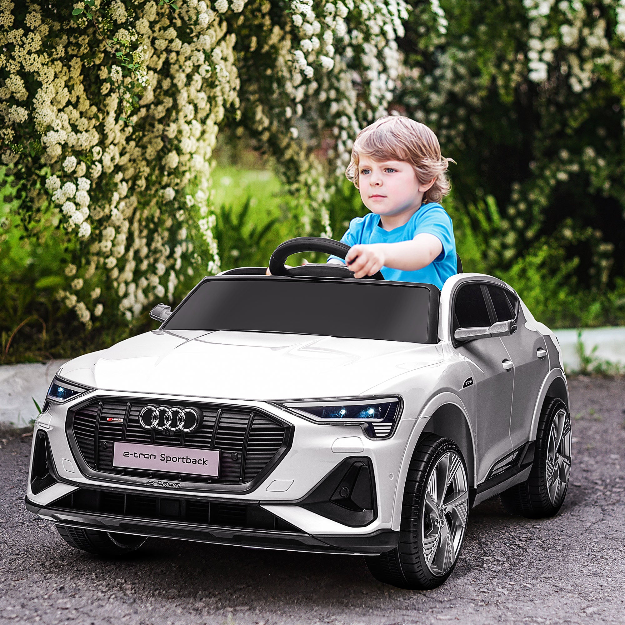 HOMCOM 12V Kids Electric Ride-On Car, with Remote Control, Lights, Music, Horn - White - North Peak Garden Furniture