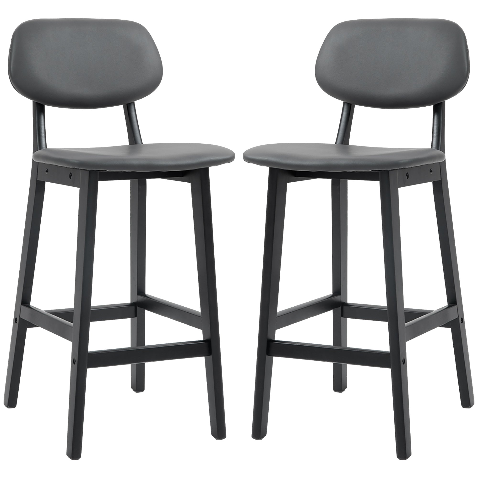 HOMCOM Bar Stools Set of 2, Contemporary Breakfast Bar Chairs, Faux Leather Upholstered Kitchen Stools with Backs and  Solid Wood Legs, Dark Grey