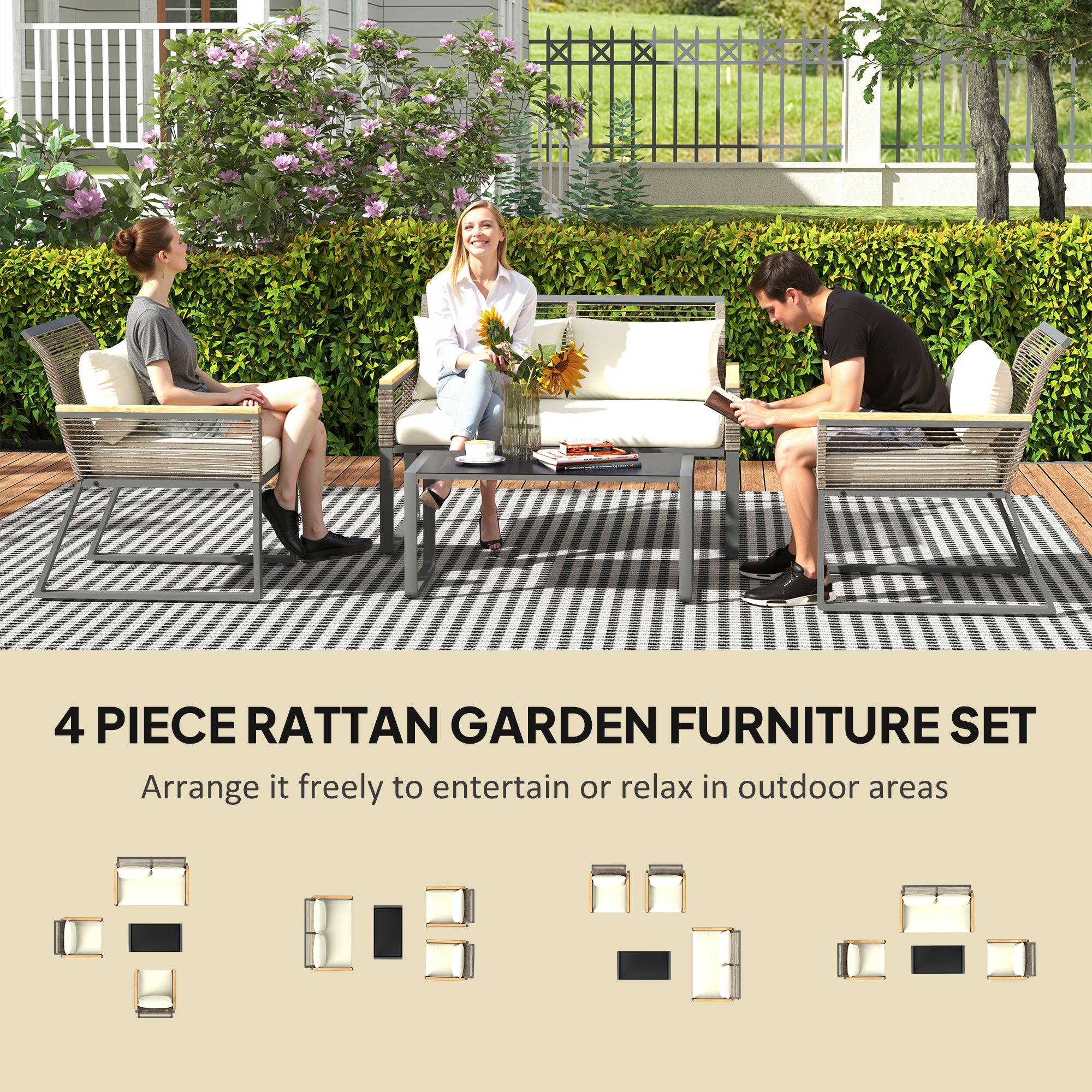 Outsunny Four Piece Wicker Rope Garden Furniture Set with Glass Top Coffee Table - Grey - North Peak Garden Furniture