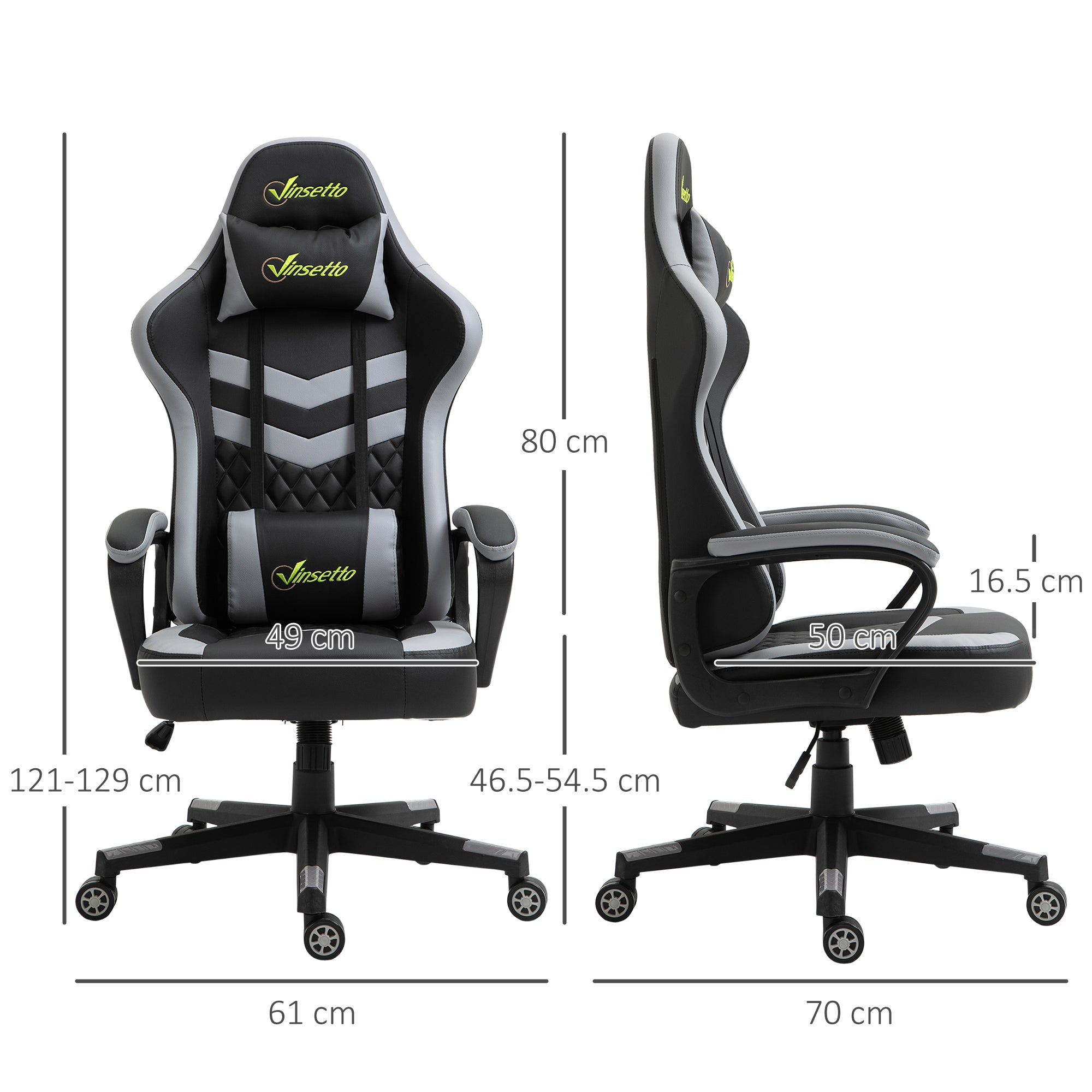 Vinsetto Gaming Chair, Computer Desk Chair with Lumbar Support, Faux Leather Racing Chair with Headrest and Swivel Wheels for Home Office, Black Grey - North Peak Garden Furniture