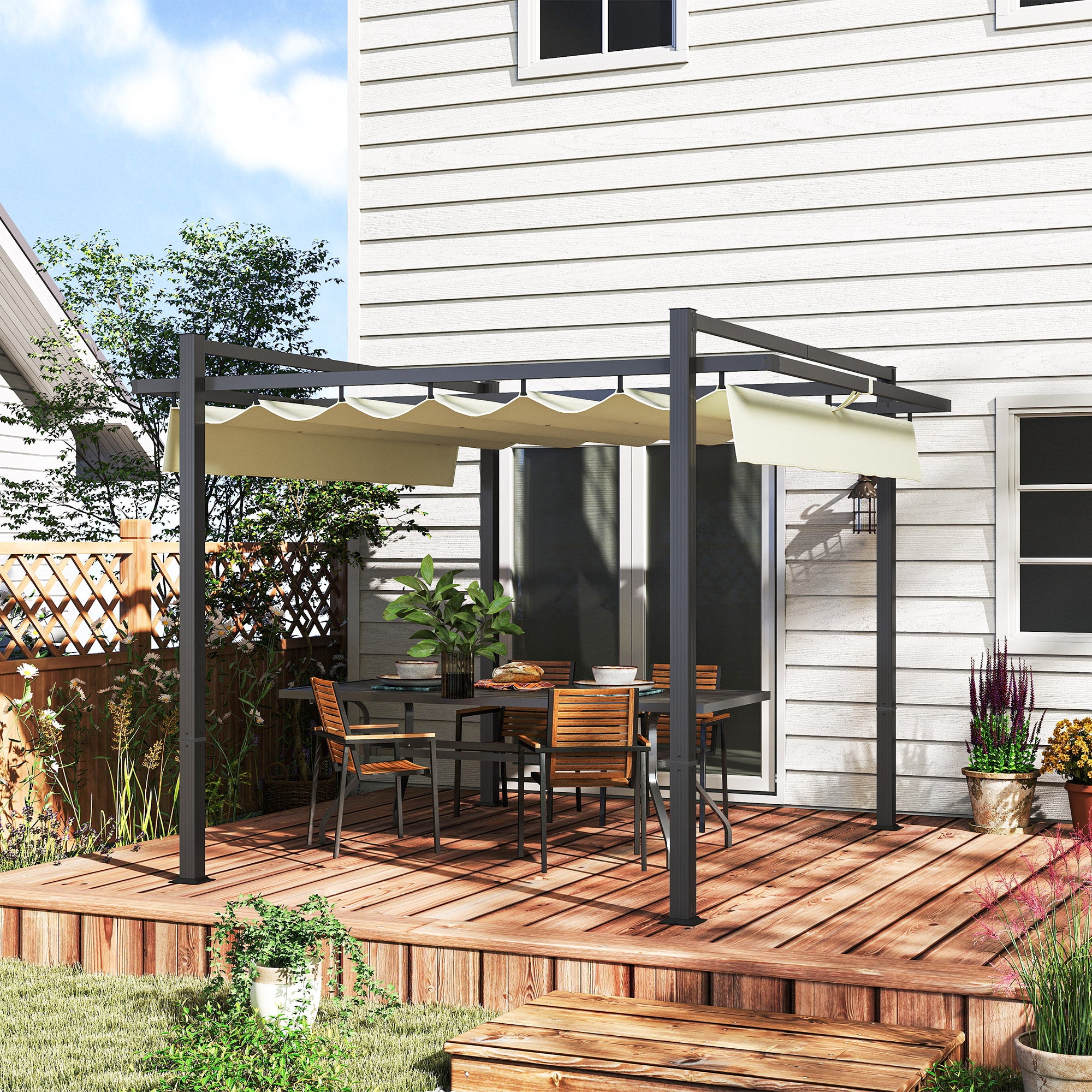 Outsunny 3 x 3m Aluminium Pergola, with Retractable Roof - Grey/Khaki - North Peak Garden Furniture