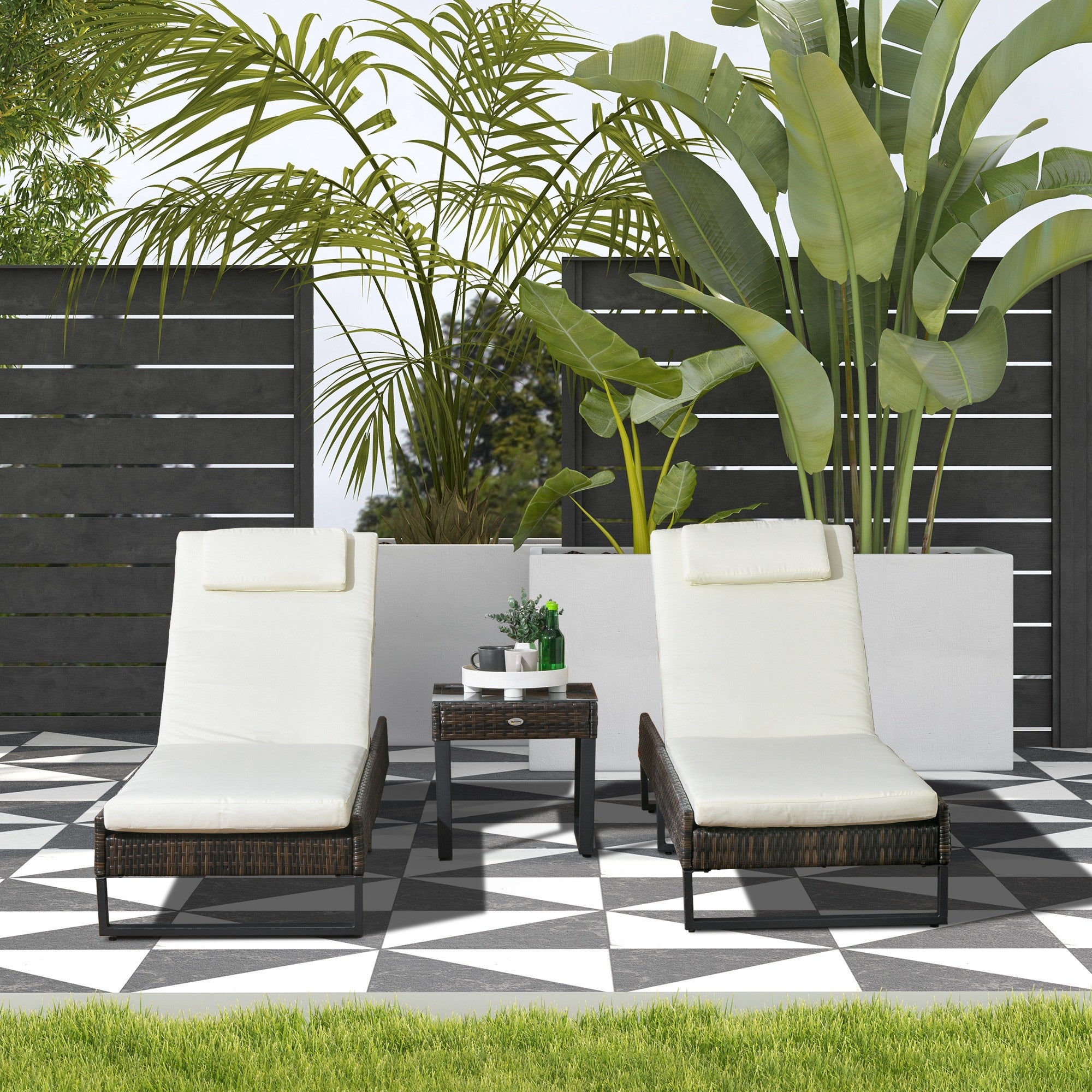 Outsunny Three-Piece Reclining Lounger Set, with Glass-Top Table - Cream - North Peak Garden Furniture