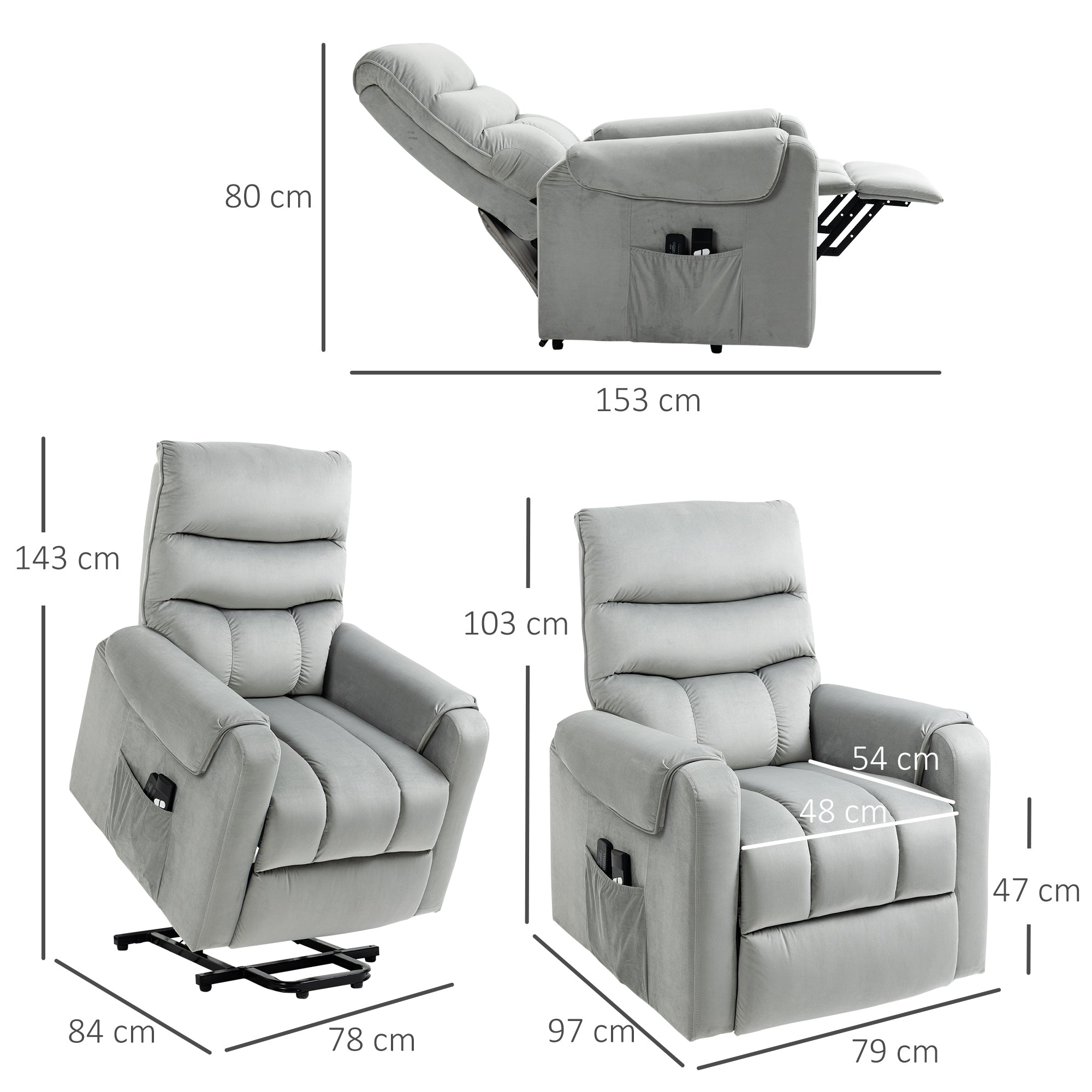 HOMCOM Vibration Massage Rise and Recliner Chair, Electric Power Lift Recliner with Remote Control and Side Pockets, Grey - North Peak Garden Furniture