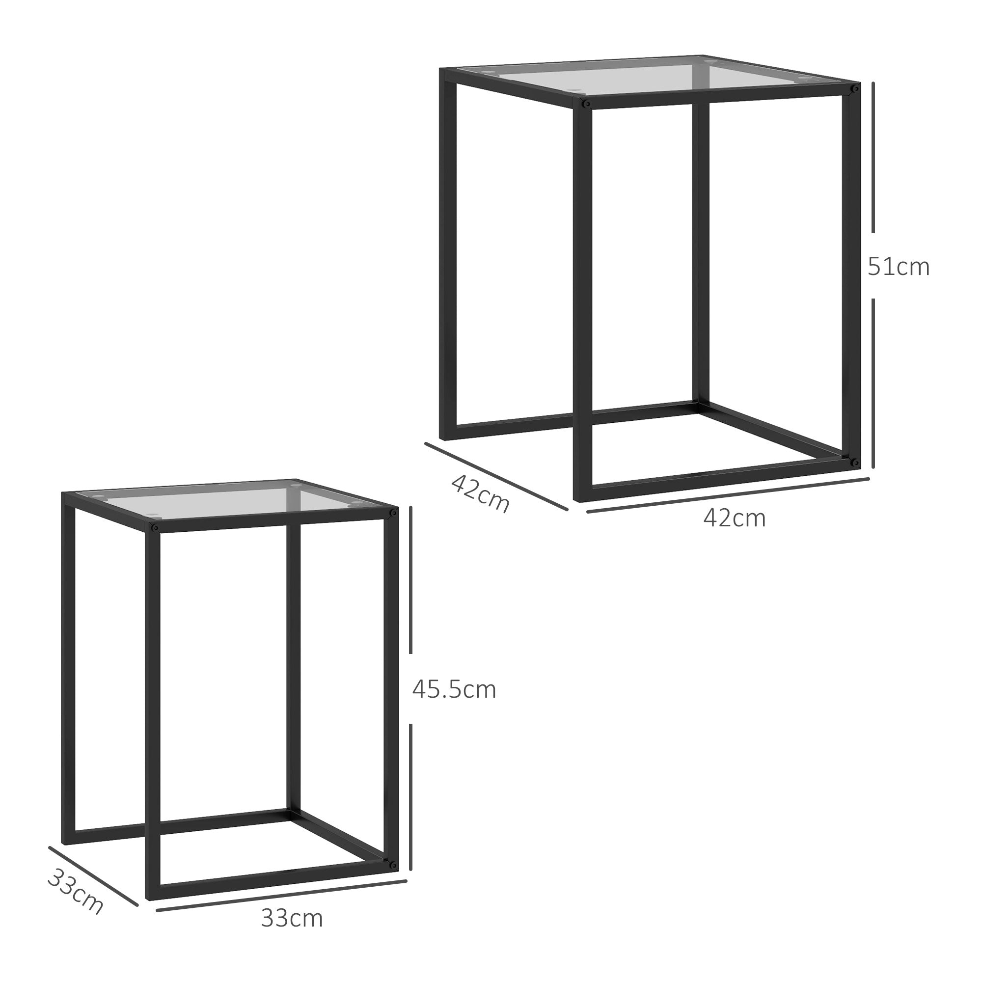 HOMCOM Nesting Tables Set of 2, Side End Table with Tempered Glass Top and Steel Frame for Living Room, Bedroom, Black - North Peak Garden Furniture