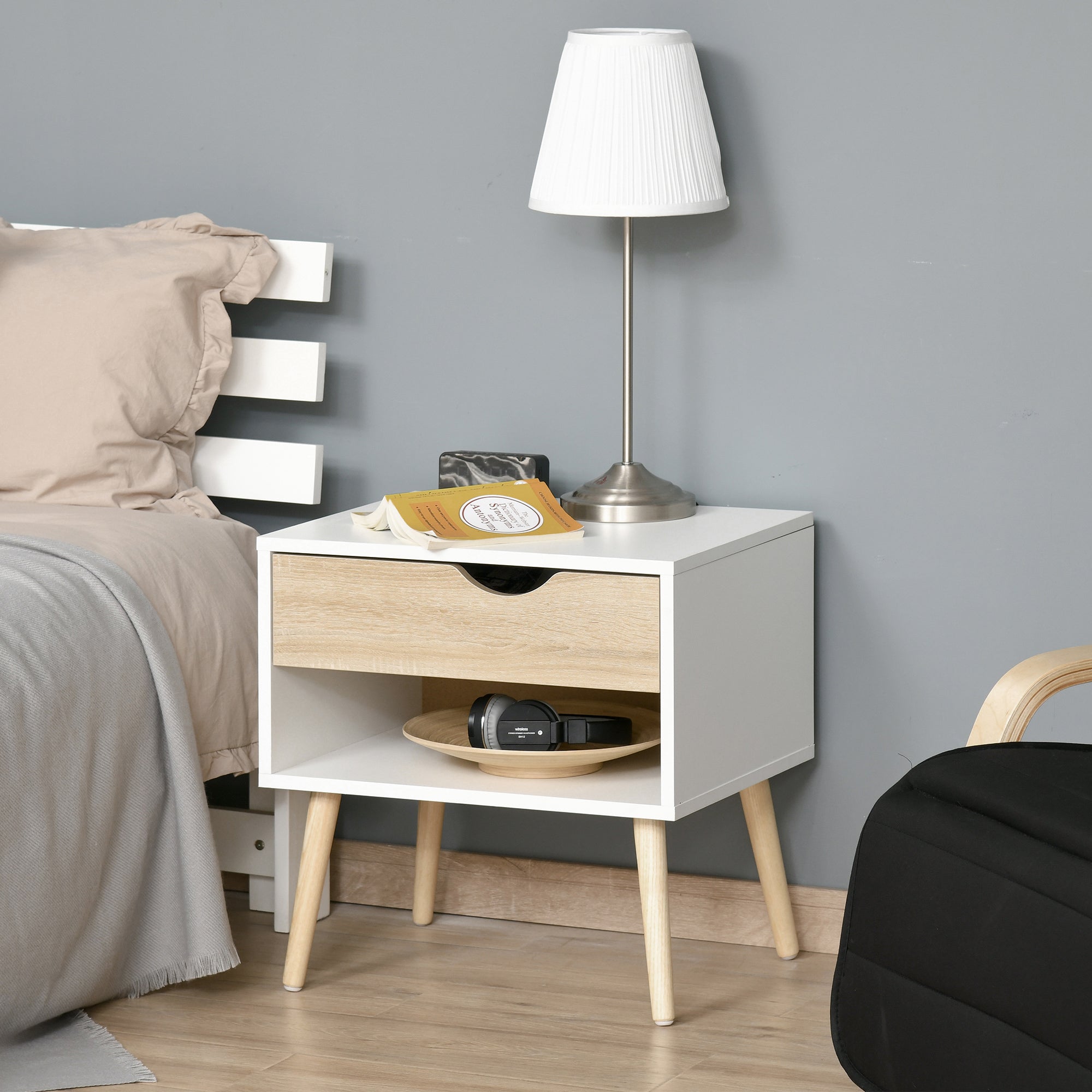 HOMCOM Bedside Table with Drawer and Shelf, Modern Nightstand, End Table for Bedroom, Living Room, White - North Peak Garden Furniture