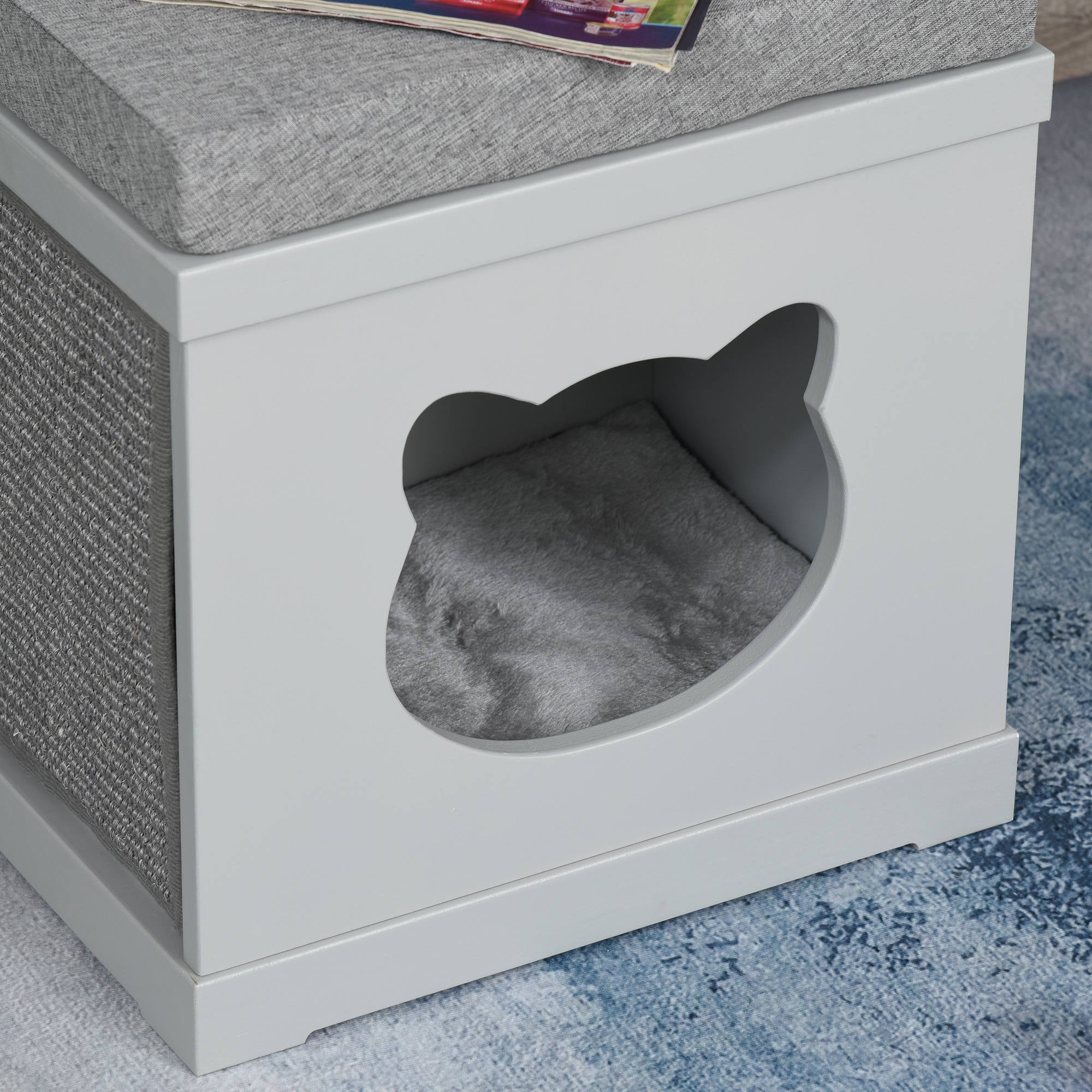 PawHut Cat House Bed Kitten Cave Cube Indoor for Small Pet with Removable Sisal Scratching Pads Soft Cushions, 41x30x36 cm, Grey - North Peak Garden Furniture