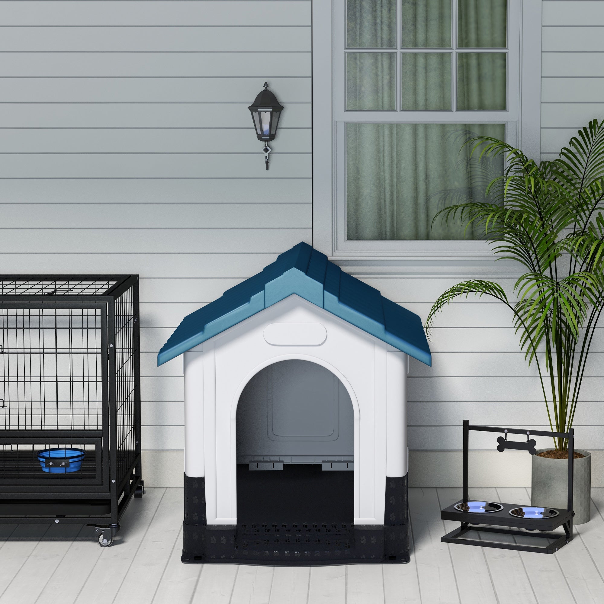 PawHut Plastic Dog Kennel with Windows, for Garden Patio, Medium and Large Dogs, 101 x 88 x 99cm - Blue - North Peak Garden Furniture