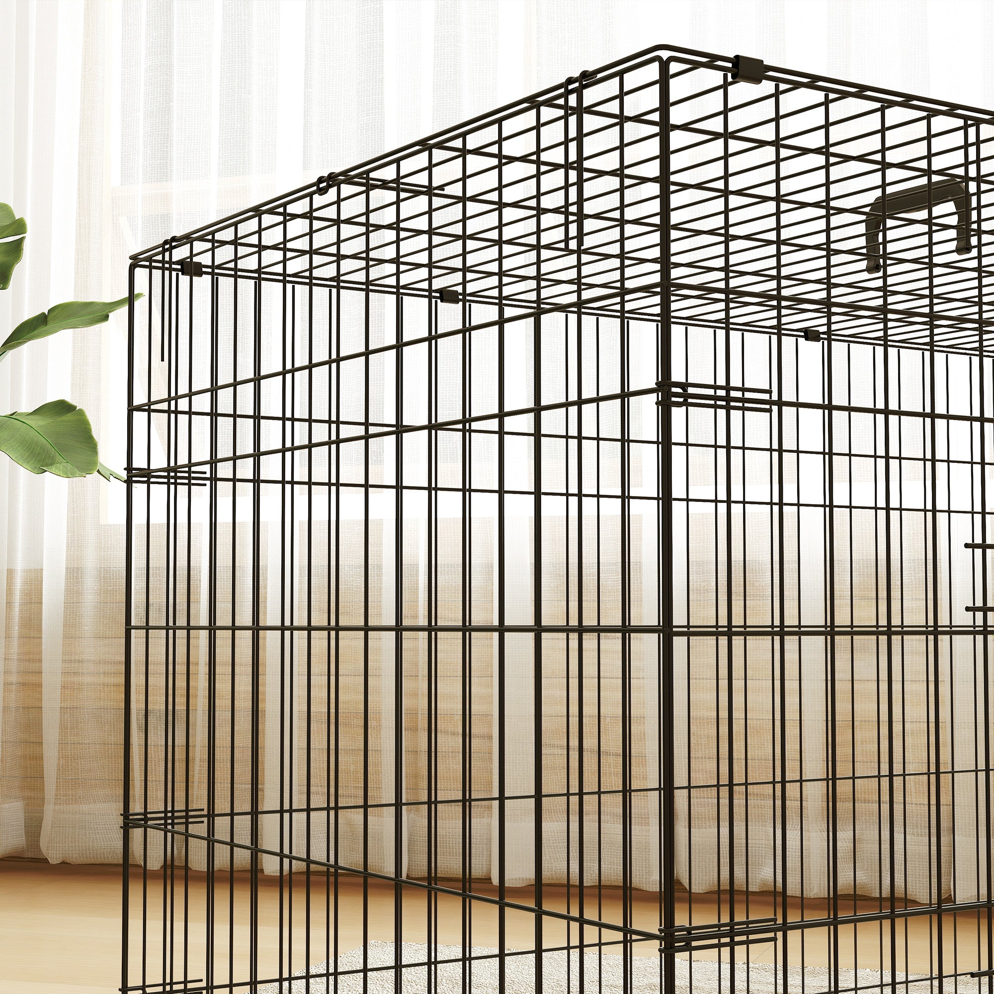 PawHut Dog Crate with 2 Doors with Tray, Soft Cushion, Foldable Metal Dog Cage for Extra and Large Dogs, 105 x 70 x 75, Black - North Peak Garden Furniture