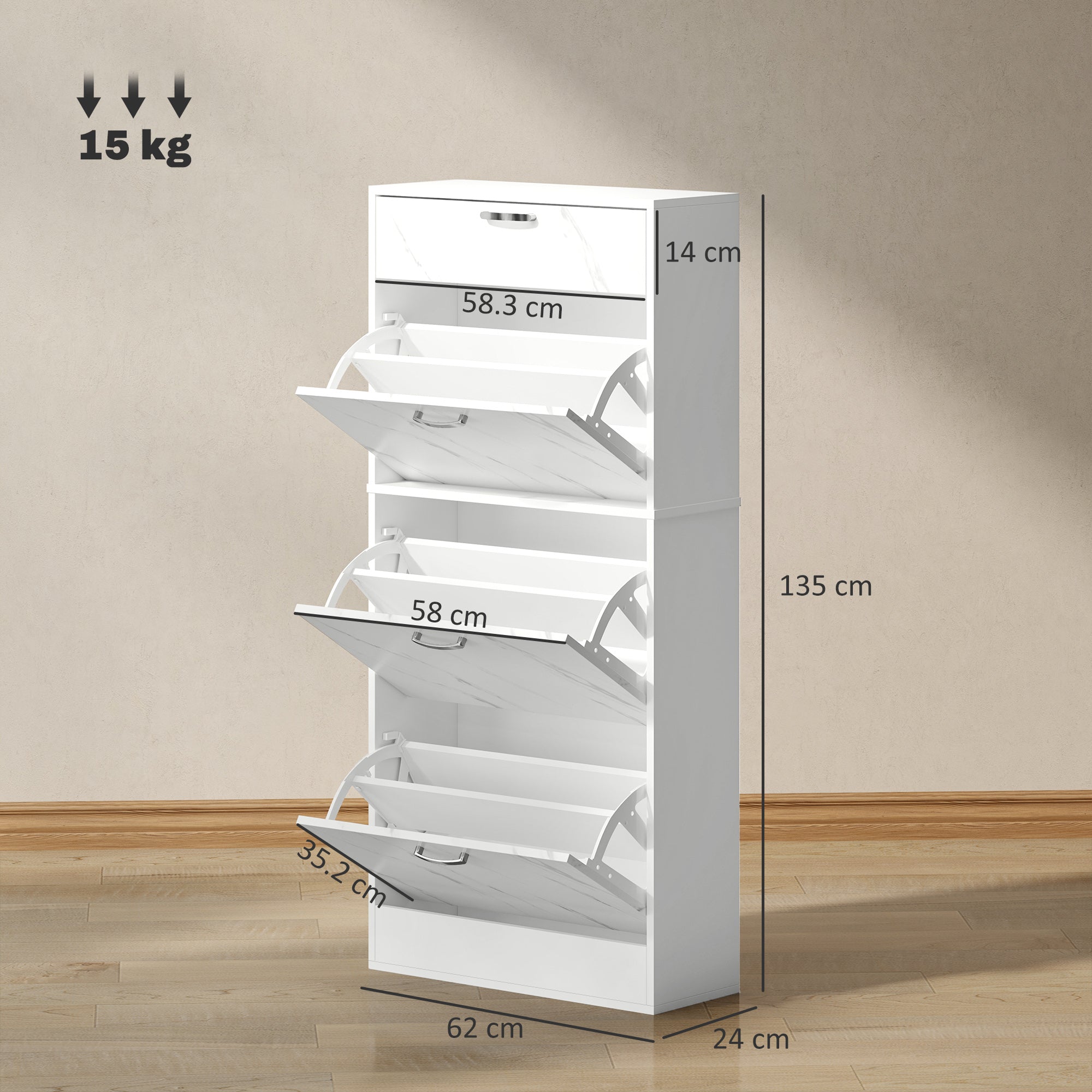HOMCOM Marble Shoe Storage Cabinet with 3 Flip Drawers, Hallway Cabinet with Top Drawer and Adjustable Shelves, Shoe Cupboard for 18 Pairs, White - North Peak Garden Furniture
