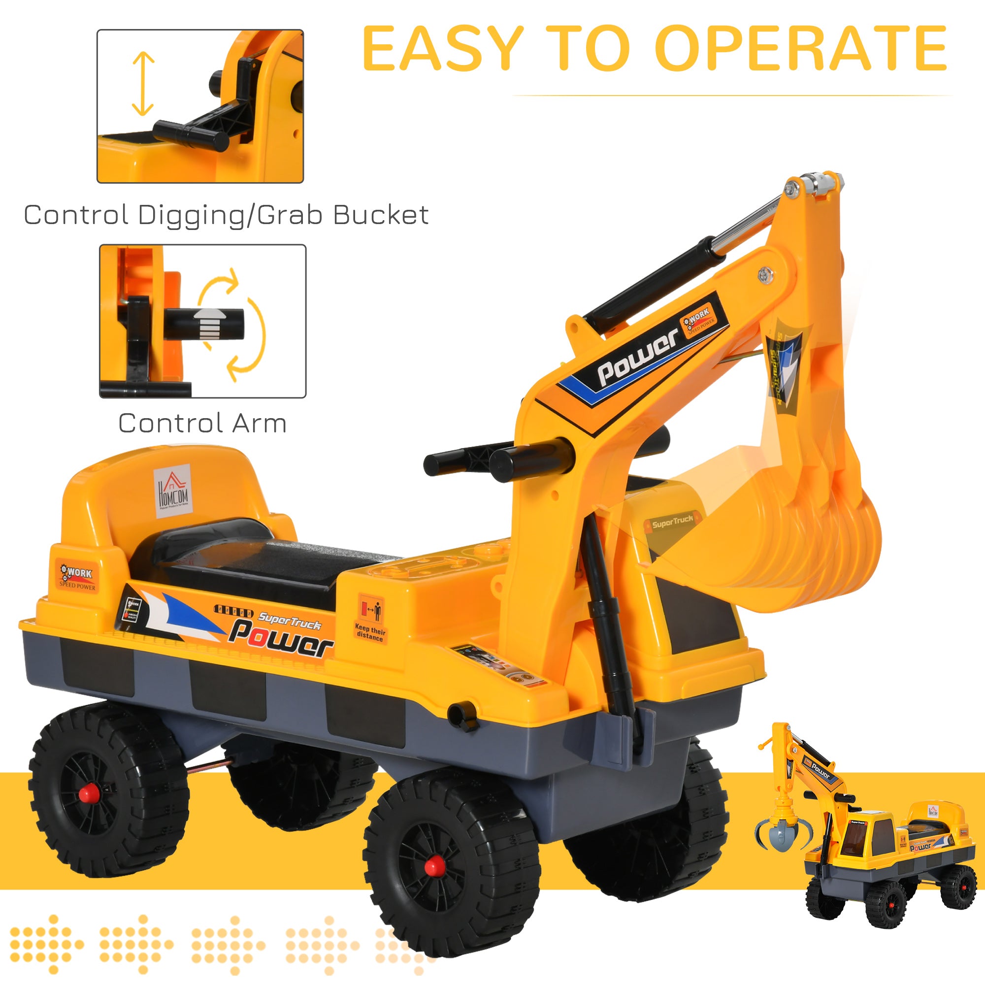 HOMCOM 2 in 1 Ride on Excavator Digger No Power Detachable Digging Bucket and Grab Bucket Music Light for 2-3 Years Old - North Peak Garden Furniture