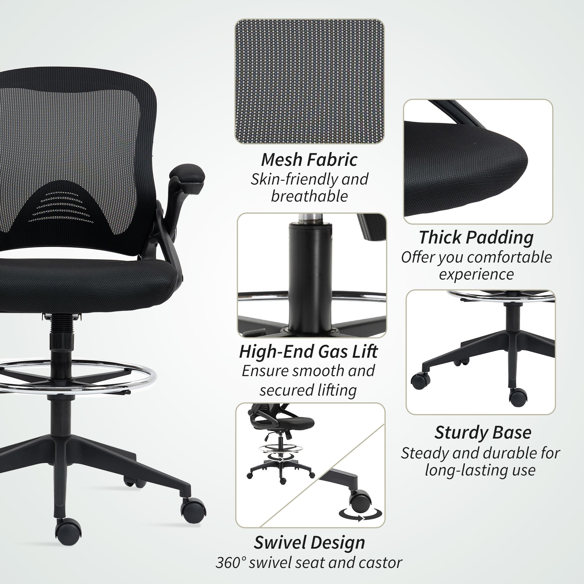 Vinsetto Drafting Chair with Flip-up Armrest, Mesh Office Stool with Foot Ring, 360° Swivel Height Adjustable Chair for Standing Desk, Black - North Peak Garden Furniture