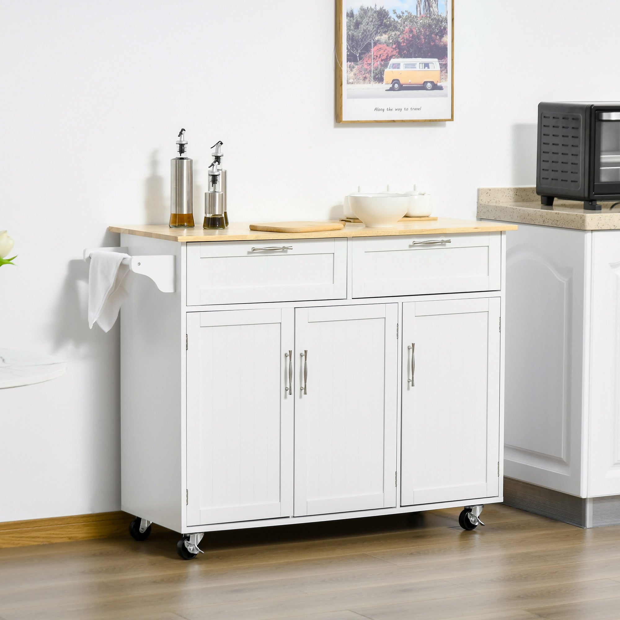 HOMCOM Kitchen Island Utility Cart, with 2 Storage Drawers & Cabinets for Dining Room, White - North Peak Garden Furniture