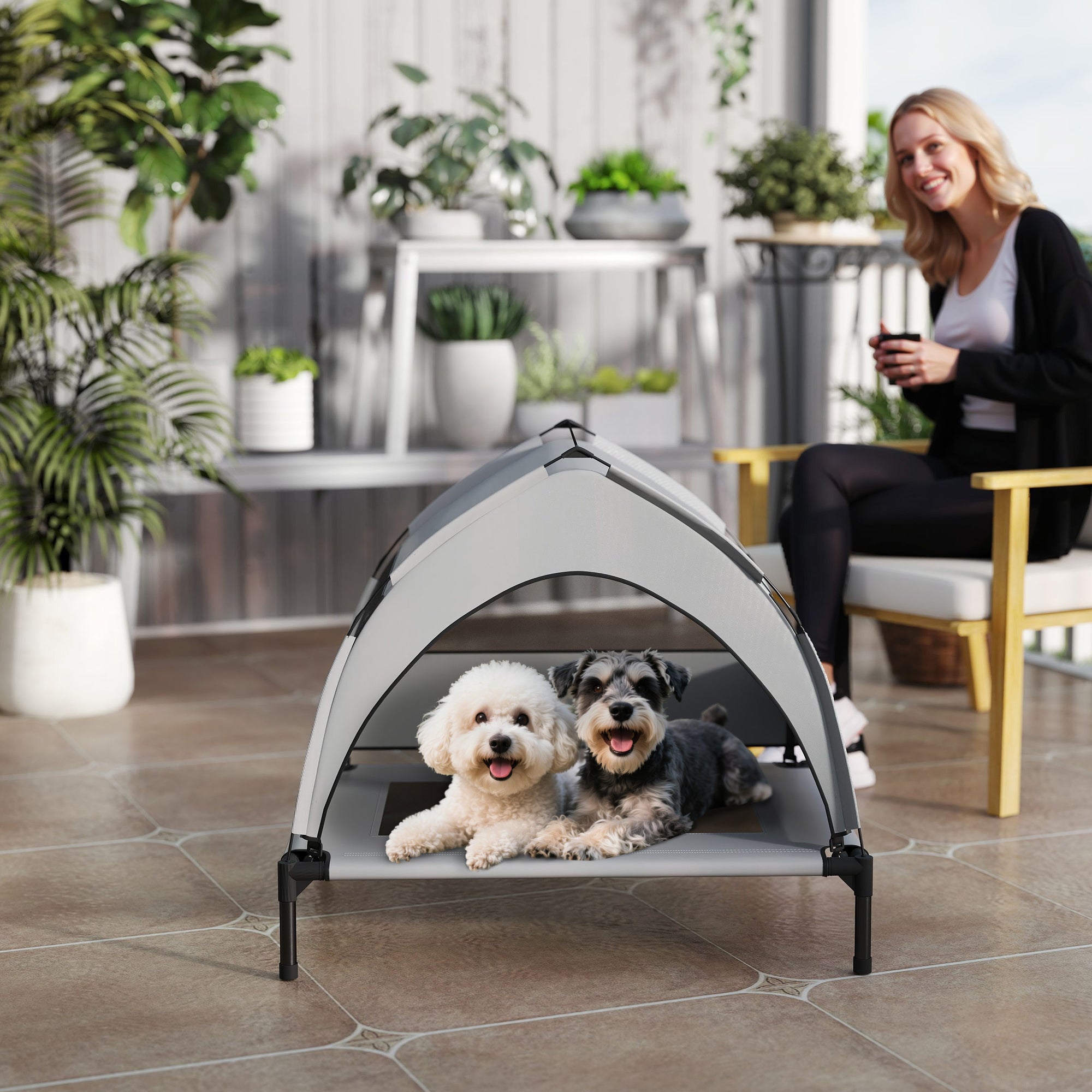 PawHut Portable Elevated Dog Bed with Removable Canopy, Cooling Raised Pet Cot for Small Medium Dogs, 76 x 61 x 60 cm - North Peak Garden Furniture