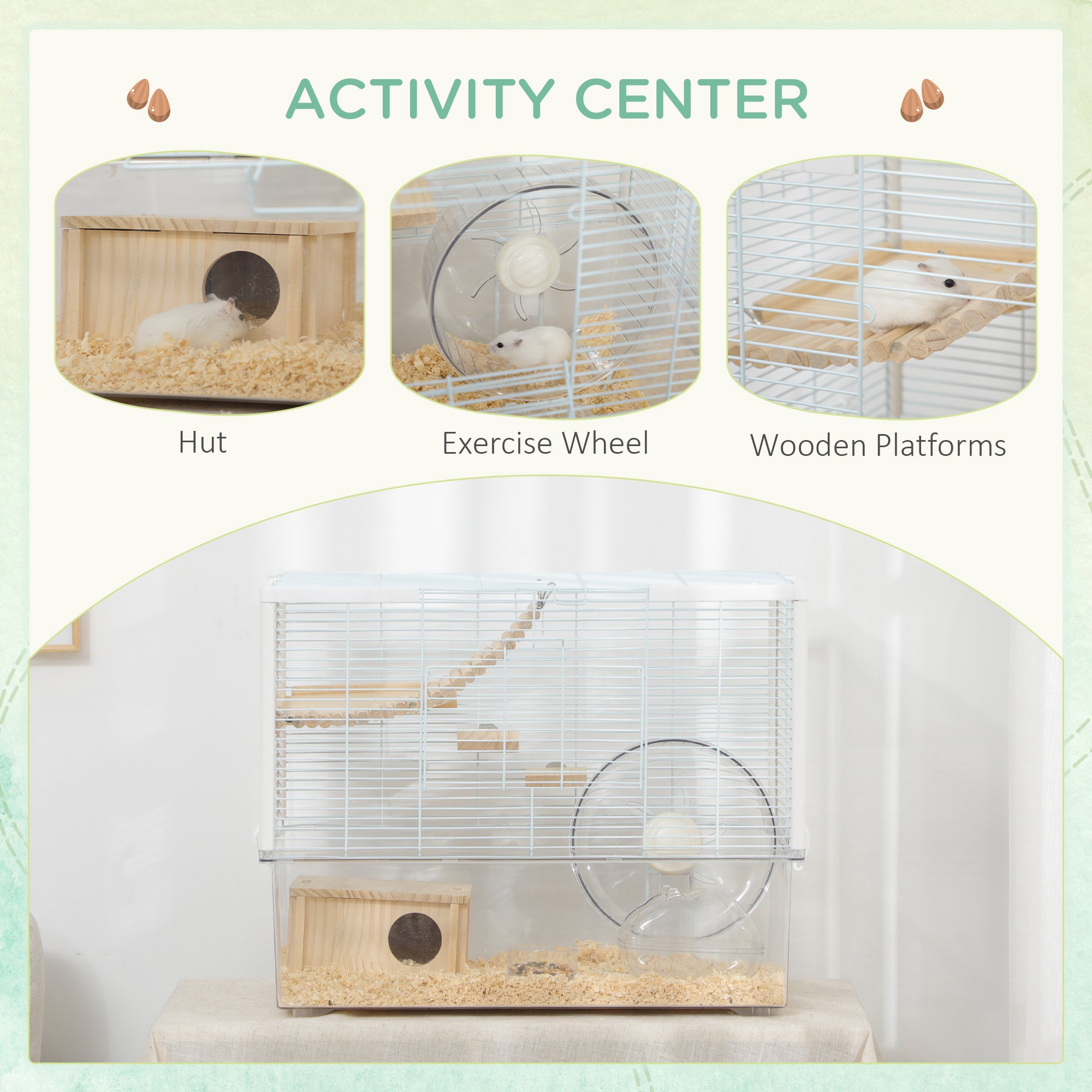 PawHut Hamster Cage, Gerbil Cage with Wooden Ramp, Exercise Wheel, Food Bowl - White - North Peak Garden Furniture