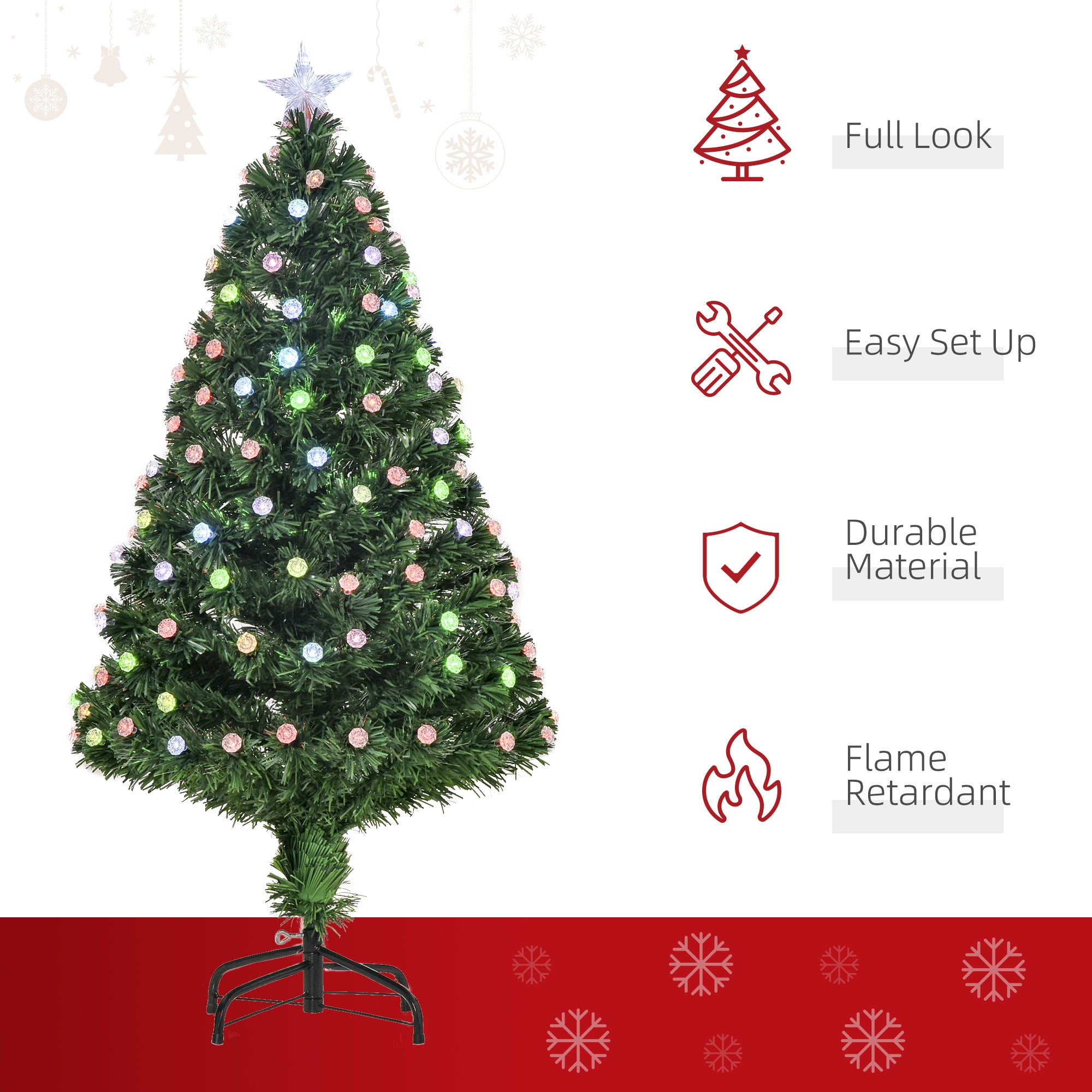 HOMCOM 4FT Pre-Lit Artificial Christmas Tree w/Fibre Optic Decorations LED Light Holiday Home Xmas Decoration-Green - North Peak Garden Furniture