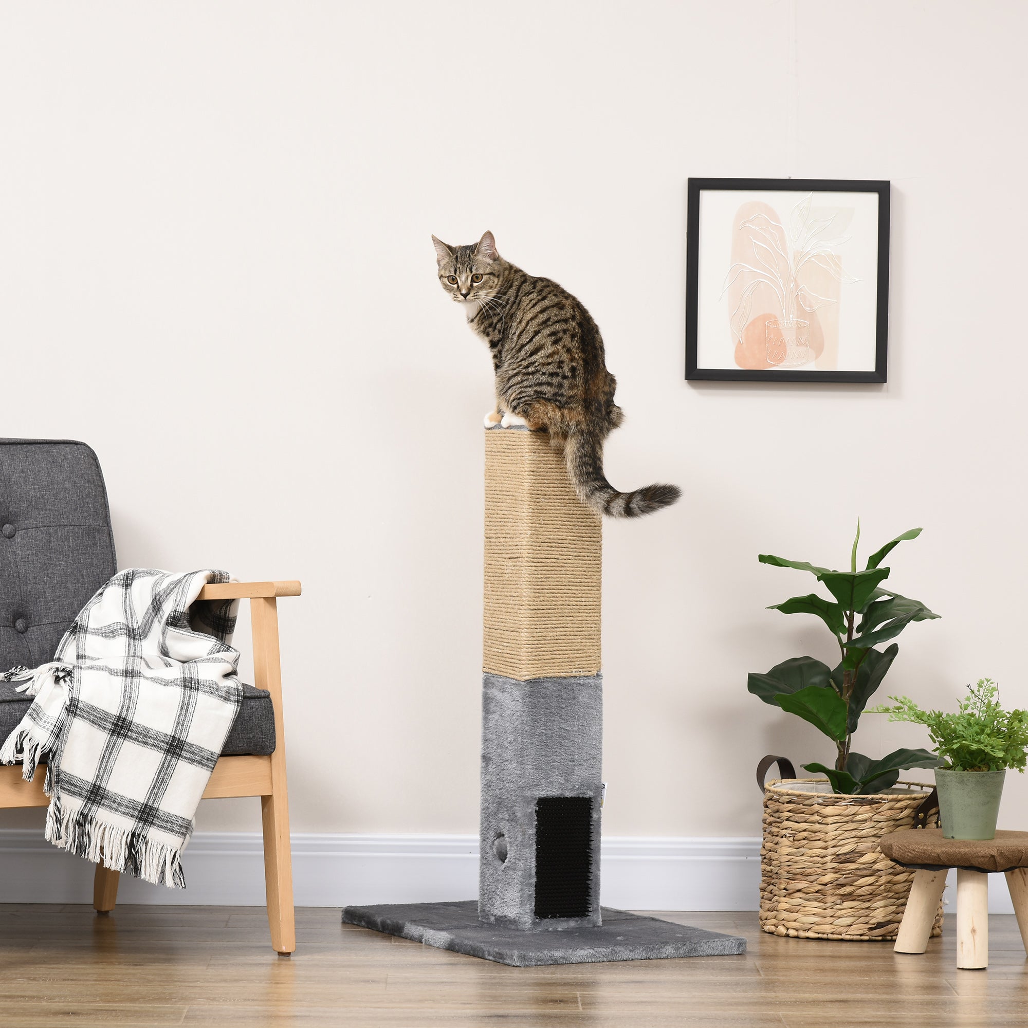 PawHut Cat Tree Scratching Post for Indoor Cats 79cm Jute Scratcher Climber w/ Carpet Base Dangling Toy – Grey - North Peak Garden Furniture