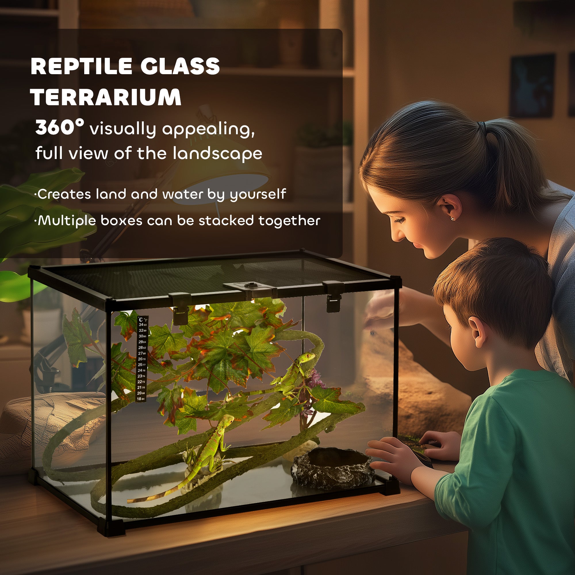 PawHut Glass Reptile Terrarium with Decor Kit, Breeding Tank with Thermometer for Small Animals, 50 x 30 x 35cm, Heated - Black