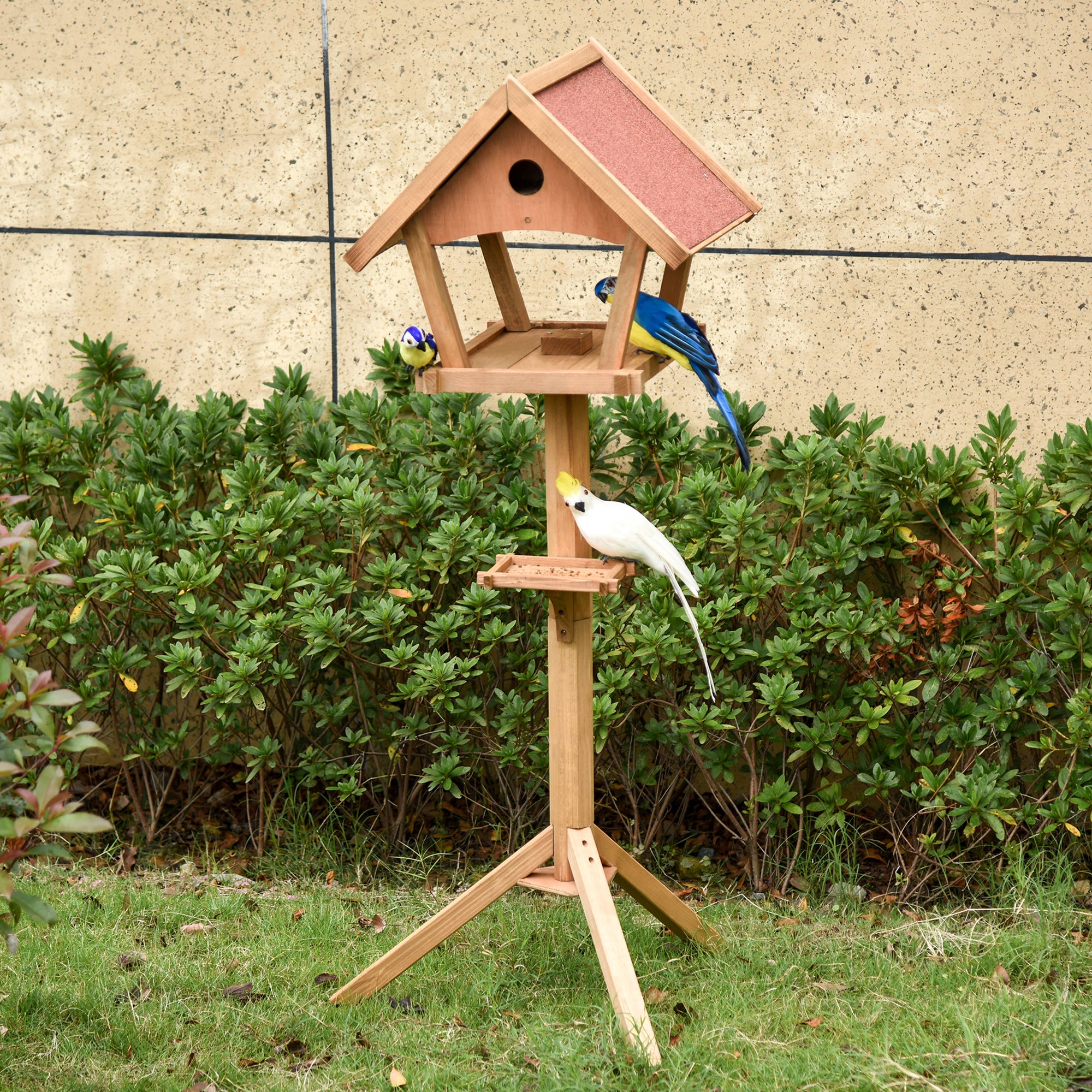 PawHut Wooden Bird Table Freestanding Feeding  Station for Garden Outside ,139H cm, Natural