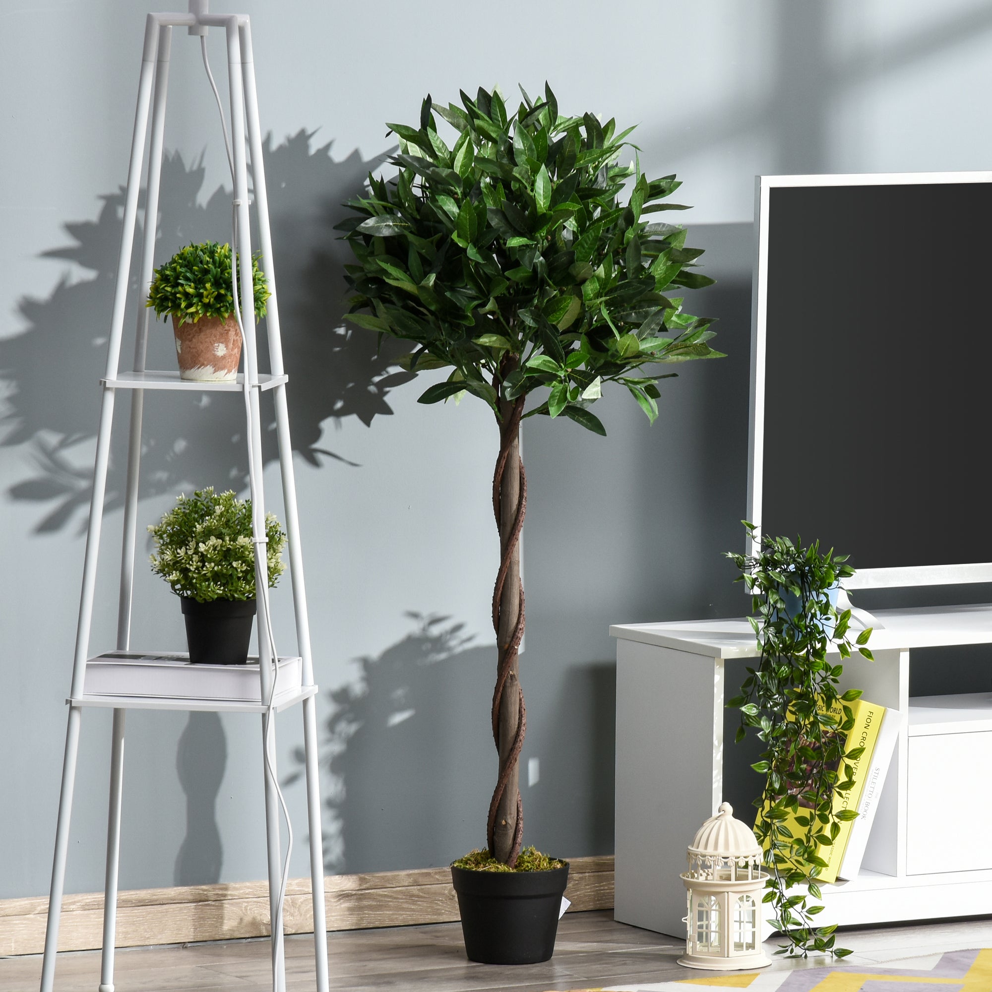Outsunny Set Of 2 120cm/4FT Artificial Bay Laurel Topiary Trees w/ Pot Fake Indoor Outdoor Greenery Plant Home Office Garden Decor Green - North Peak Garden Furniture