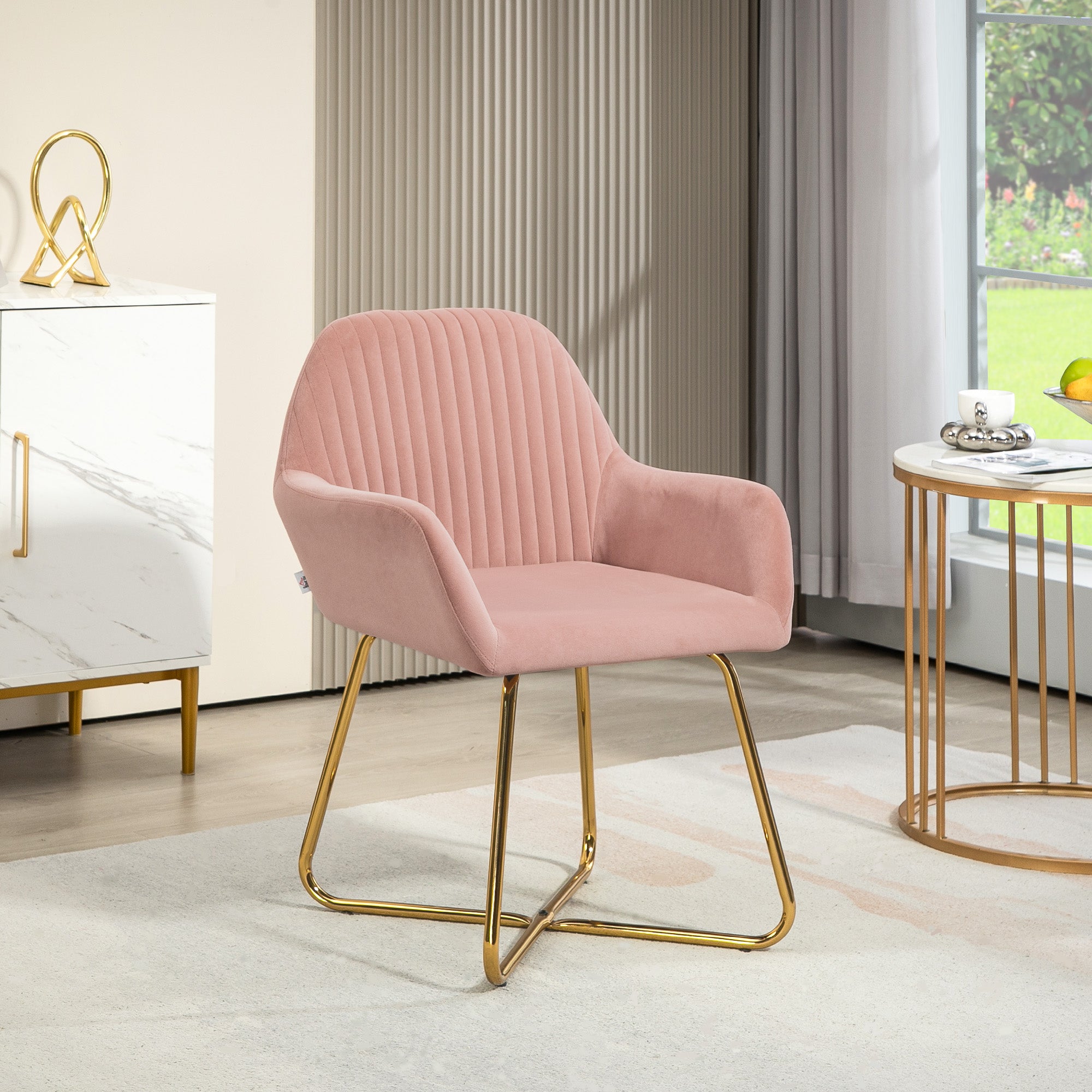 HOMCOM Modern Arm Chair Upholstered Accent Chair with Metal Base for Living Room Pink - North Peak Garden Furniture
