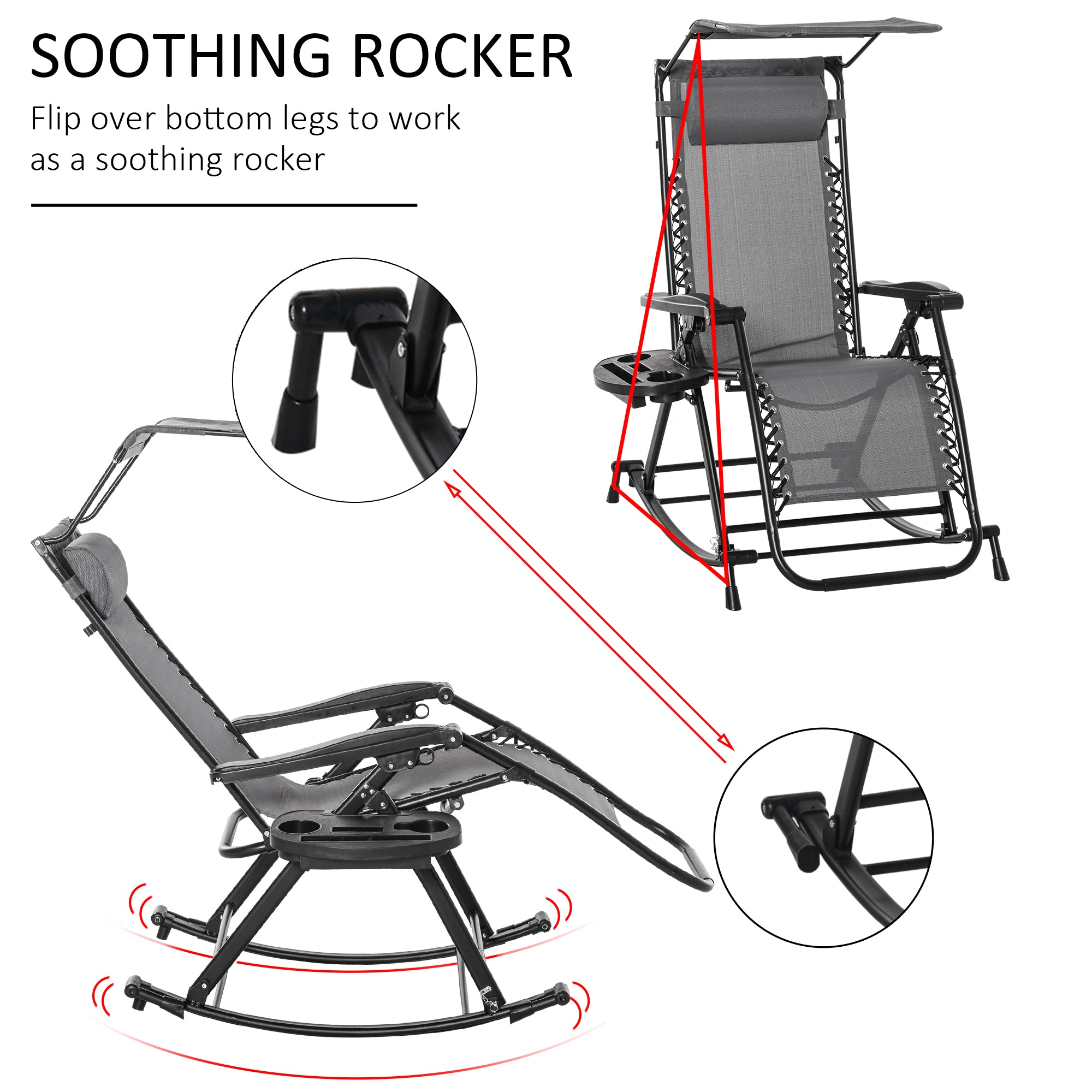 Outsunny Garden Rocking Chair Folding Recliner Outdoor Adjustable Sun Lounger Rocker Zero-Gravity Seat with Headrest Side Holder Patio Deck - Grey - North Peak Garden Furniture