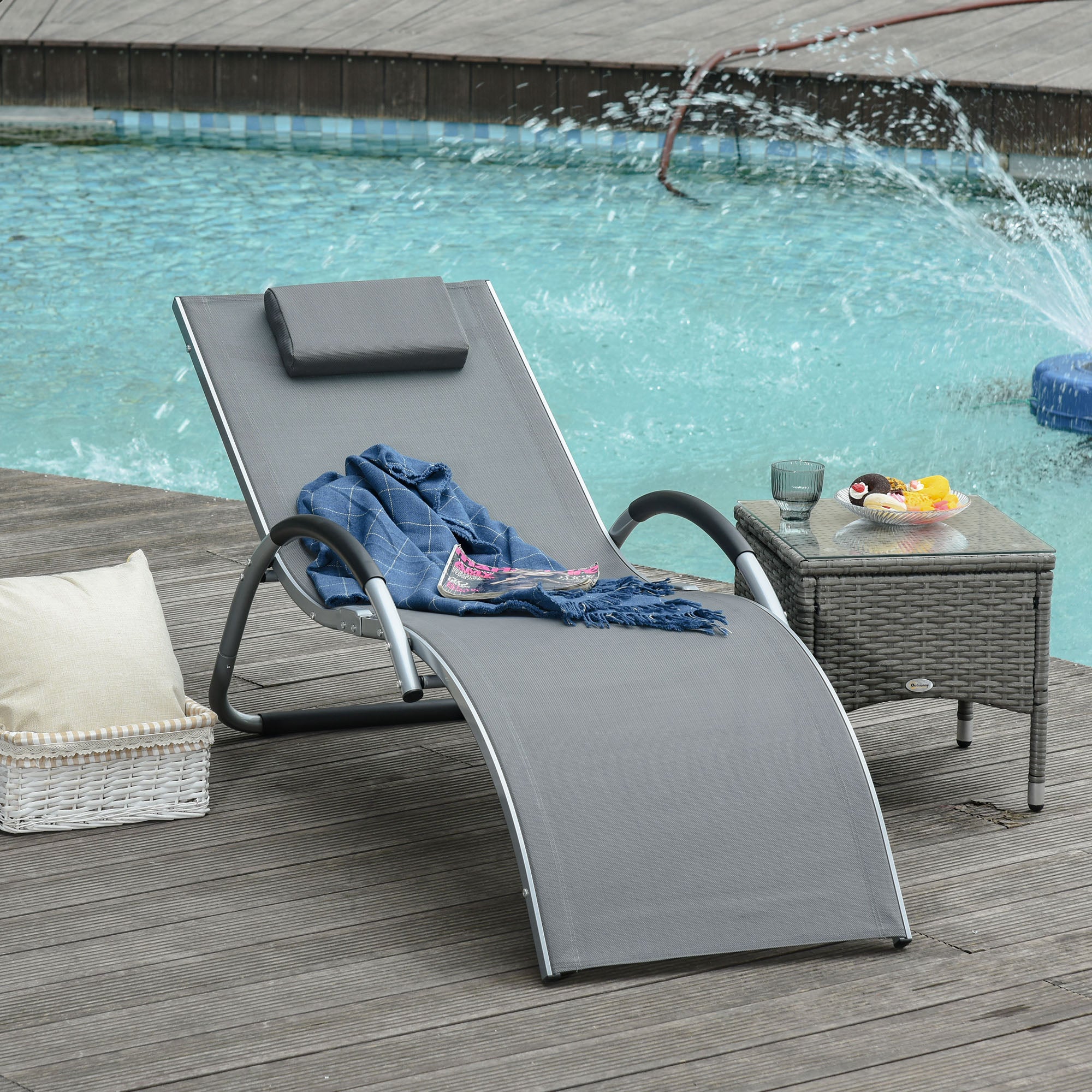 Outsunny Sun Lounger Reclining Chair Portable Armchair with Pillow for Garden Patio Outside Aluminium Frame, Dark Grey - North Peak Garden Furniture