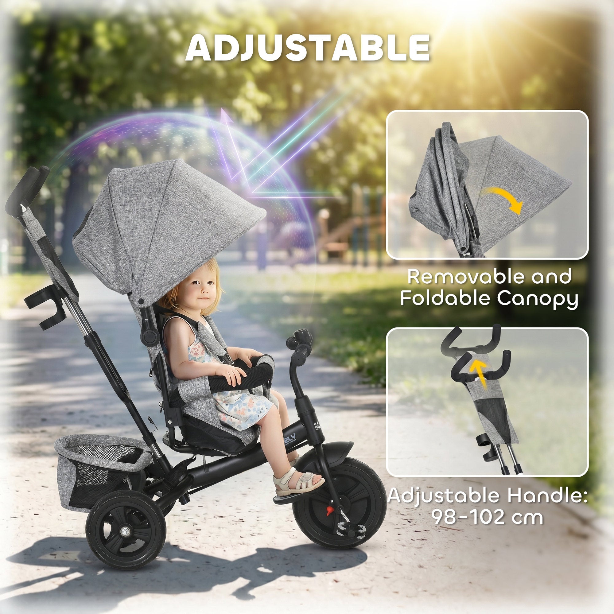 HOMCOM 6 in 1 Kids Trike Push Bike w/ Push Handle, Canopy, 5-point Safety Belt, Storage, Footrest, Brake, for 1-5 Years, Grey