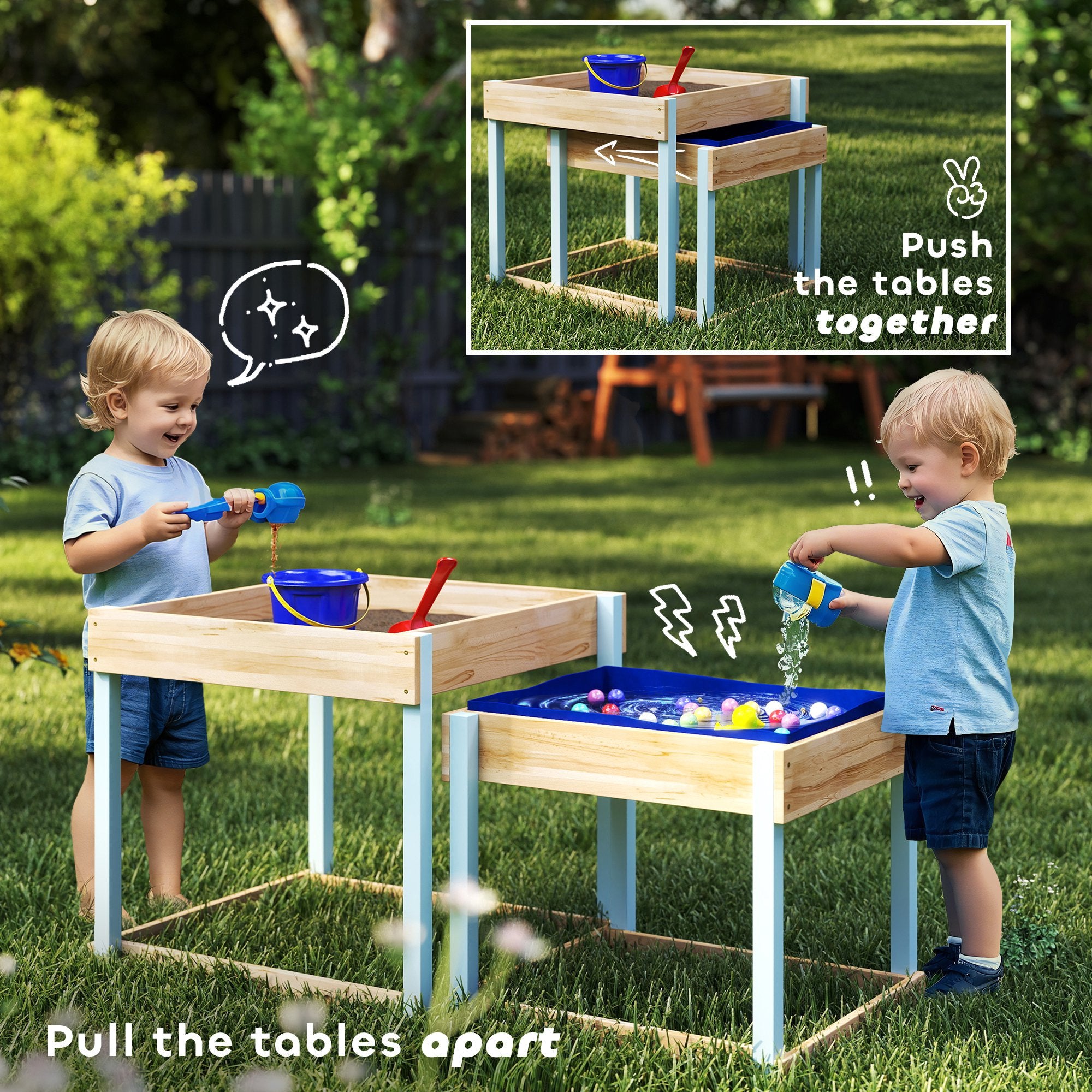 AIYAPLAY 2 PCS Wooden Outdoor Sand and Water Play Tables with Bottom Liner for Kids Aged 3-8 Years Old, Natural Wood Finish - North Peak Garden Furniture