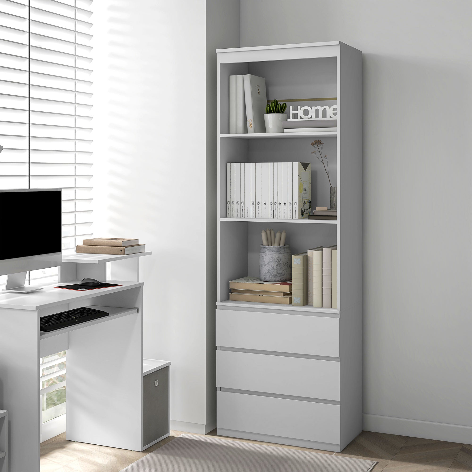 HOMCOM 180cm Tall Bookcase, with Shelves and Drawers - White - North Peak Garden Furniture
