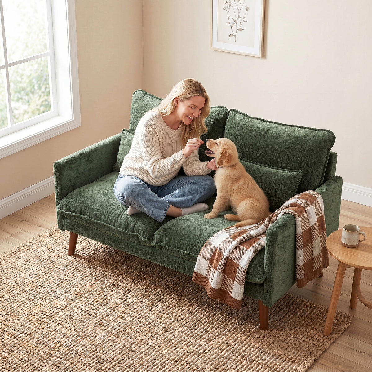 HOMCOM 2 Seater Sofa, Loveseat Sofa with Spring Cushions, Wide and Deep Seat, Wood Legs, Green