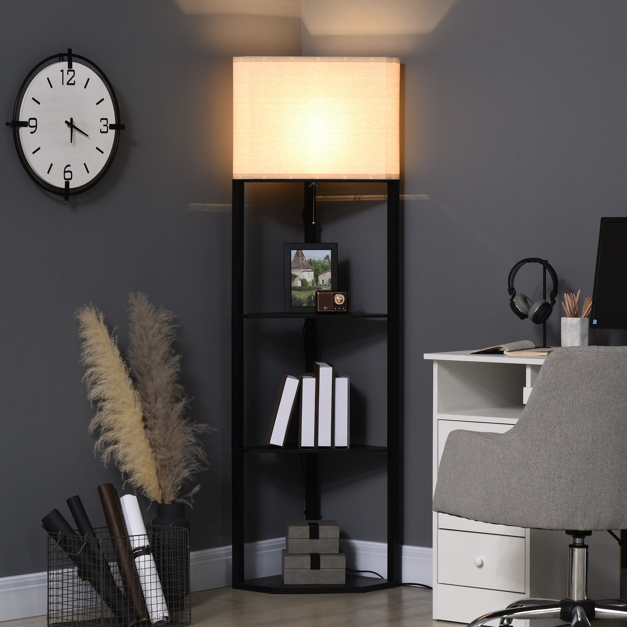 HOMCOM Corner Floor Lamp with Shelves, Modern Tall Standing Lamps for Living Room, Bedroom, with Chain Switch Bulb not Included, Black - North Peak Garden Furniture