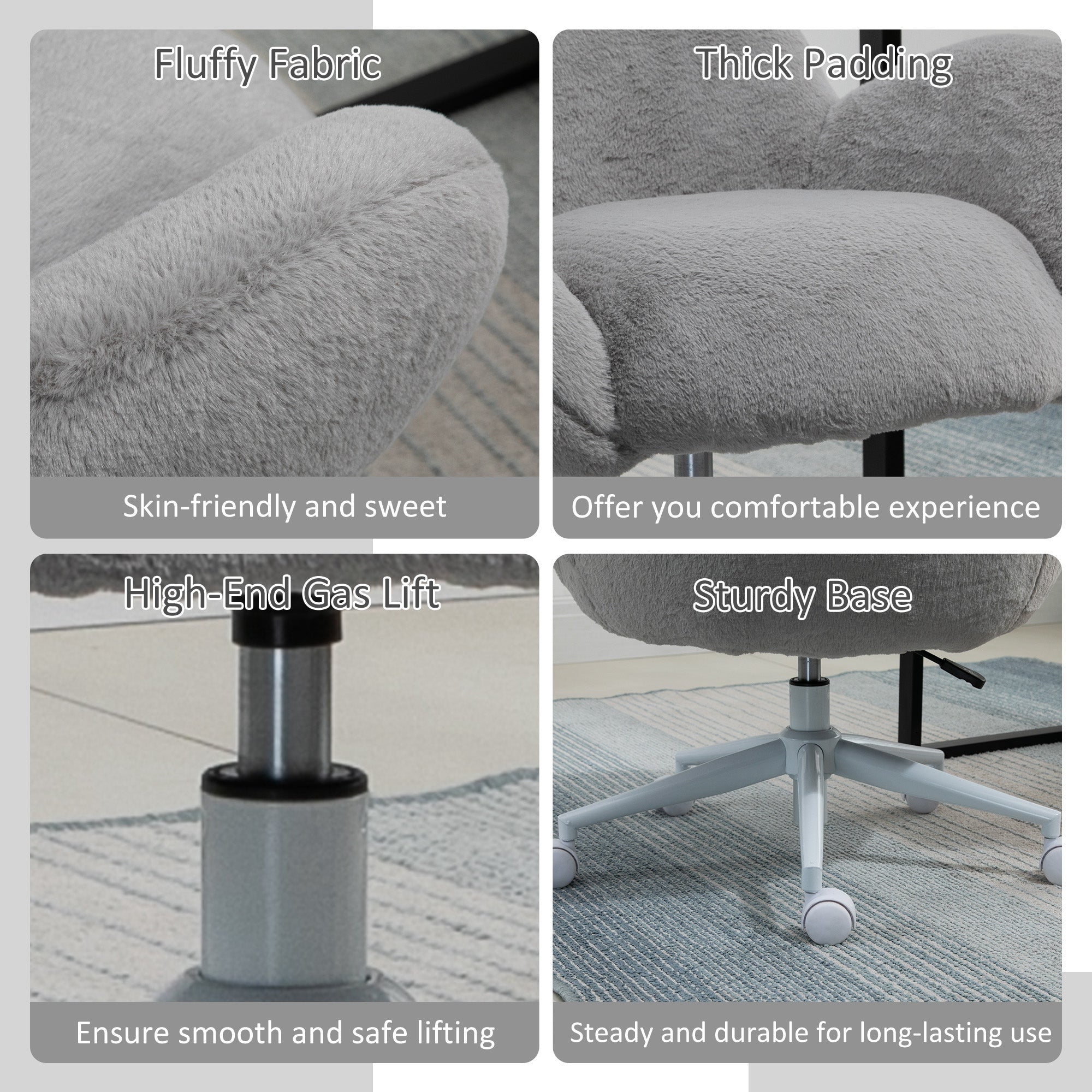 HOMCOM Makeup Vanity Chair, Cute Fluffy Desk Chair with Rolling Wheels for Bedroom Living Room, Grey - North Peak Garden Furniture