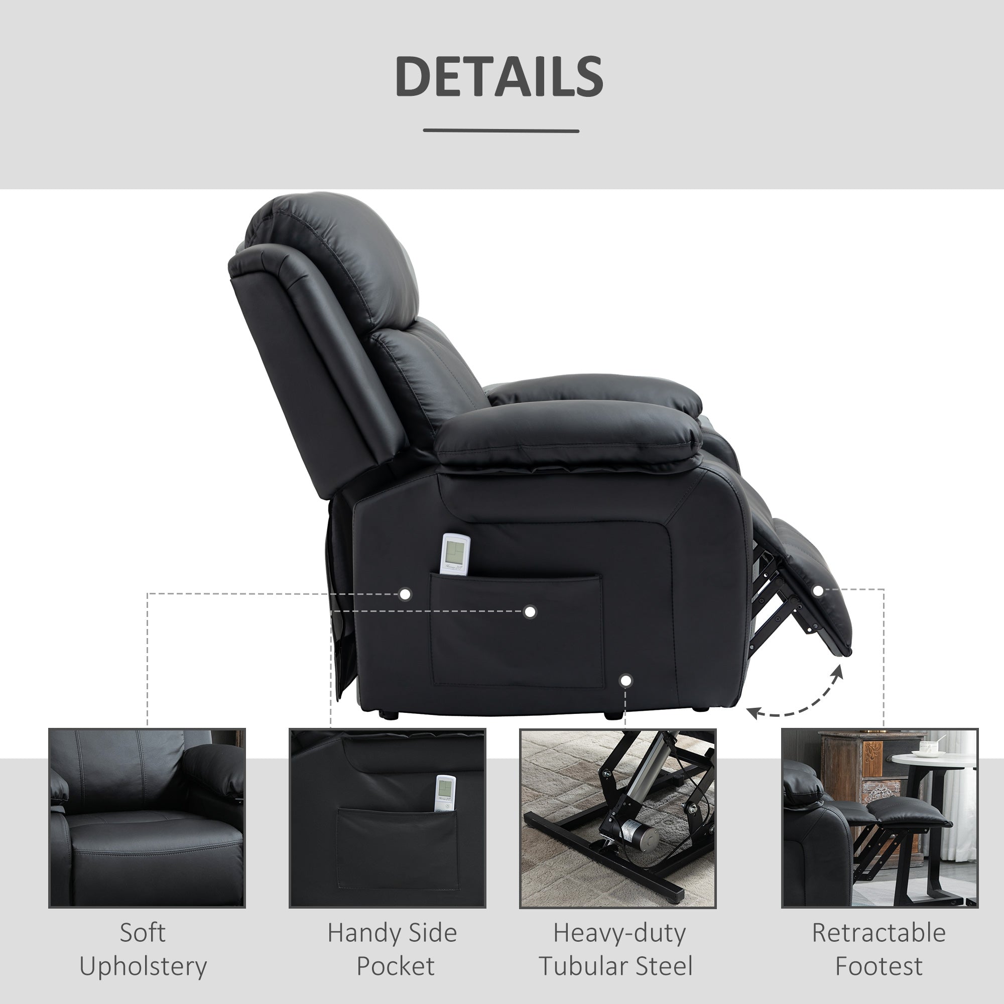 HOMCOM Electric Power Lift Recliner Chair Vibration Massage Reclining Chair with Remote Control and Side Pocket, Black - North Peak Garden Furniture