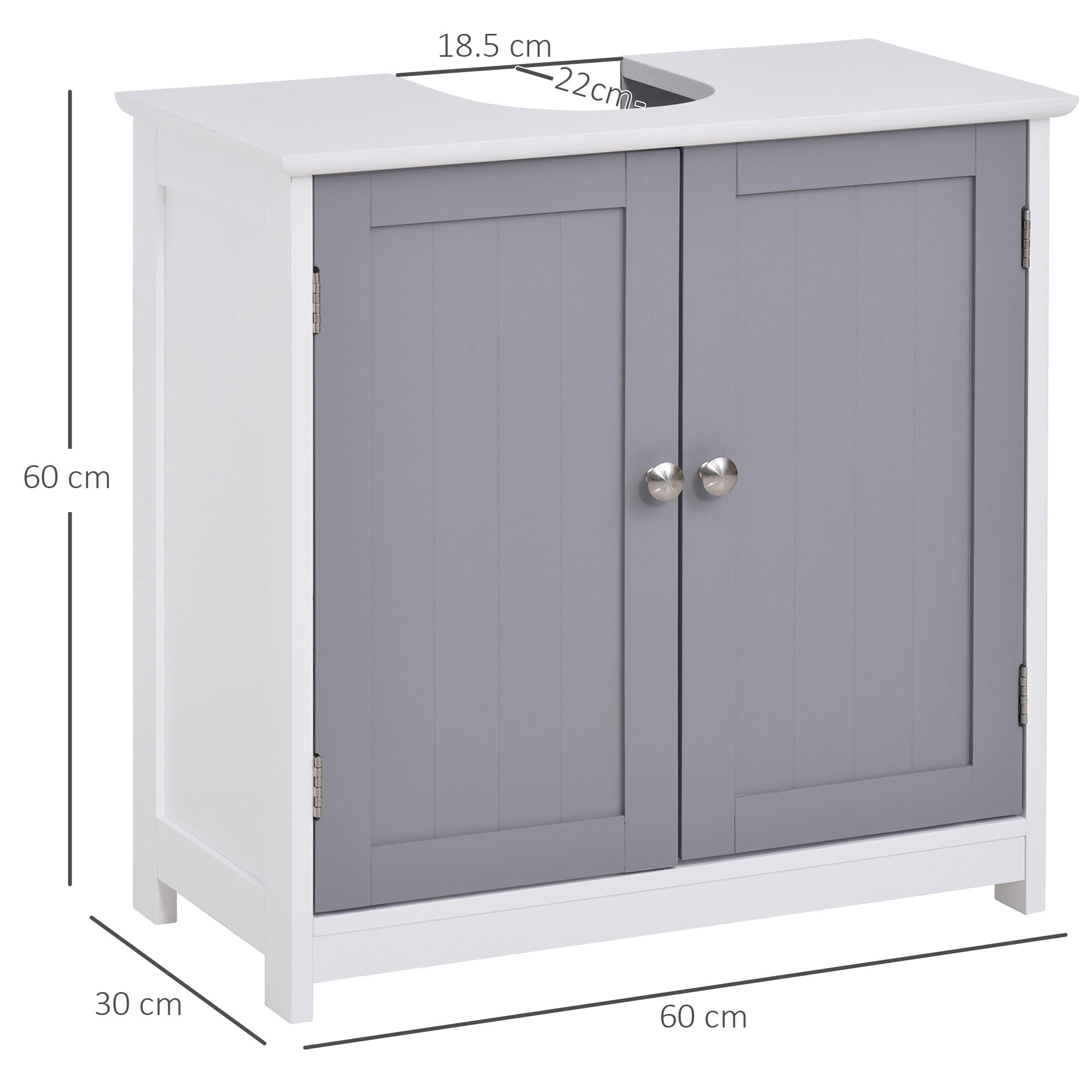 kleankin 60x60cm Under-Sink Storage Cabinet w/ Adjustable Shelf Handles Drain Hole Bathroom Cabinet Space Saver Organizer White and Grey