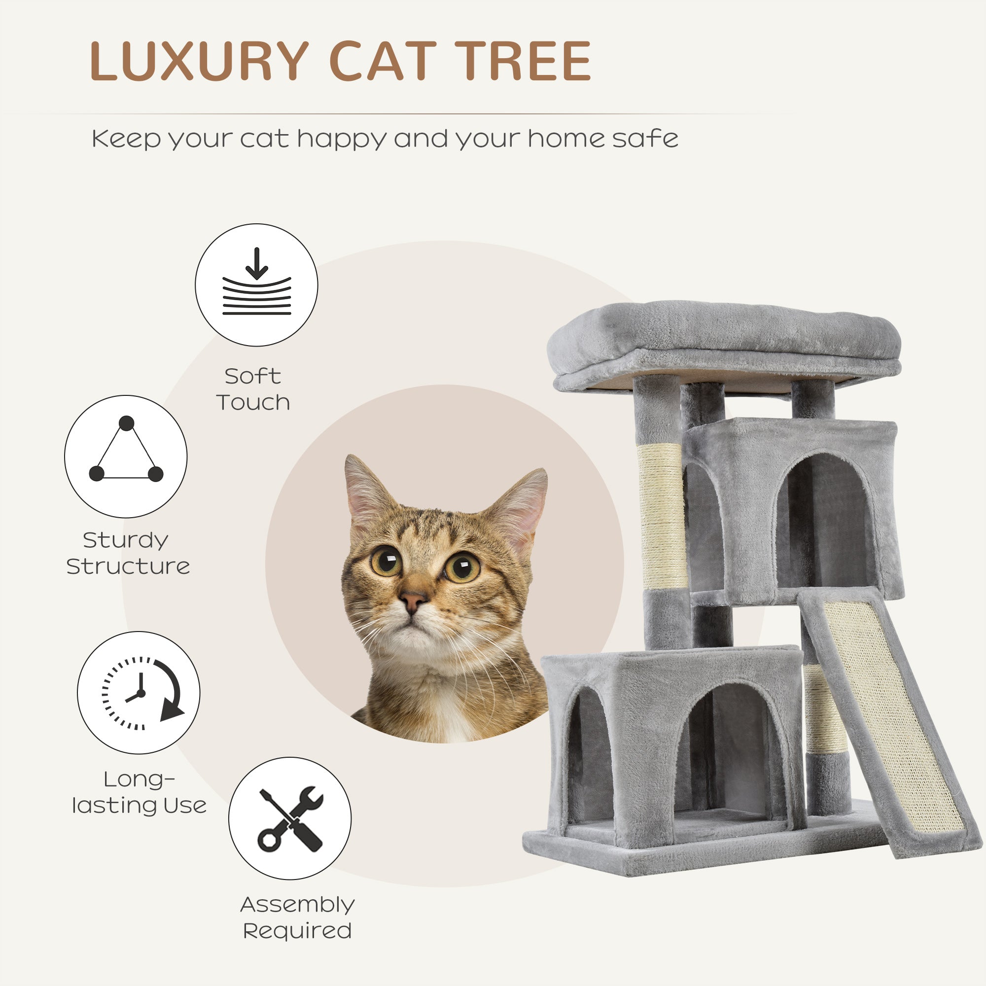 PawHut Feline Fortress: 3-Tier Cat Tower with Sisal Scratchers, Leisure Lounge in Light Grey